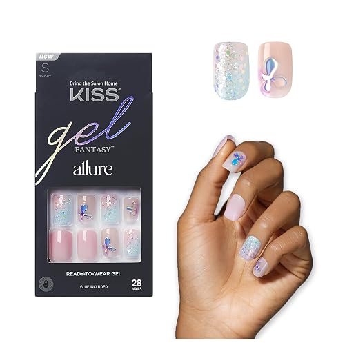 KISS Gel Fantasy Allure Press On Nails, Ready to Wear, 3D Design, Waterproof, Pink Gel Nail Glue 0.07 Oz. (2g), Manicure Stick & Mini File, 28 Count Beauty & Personal Care KISS