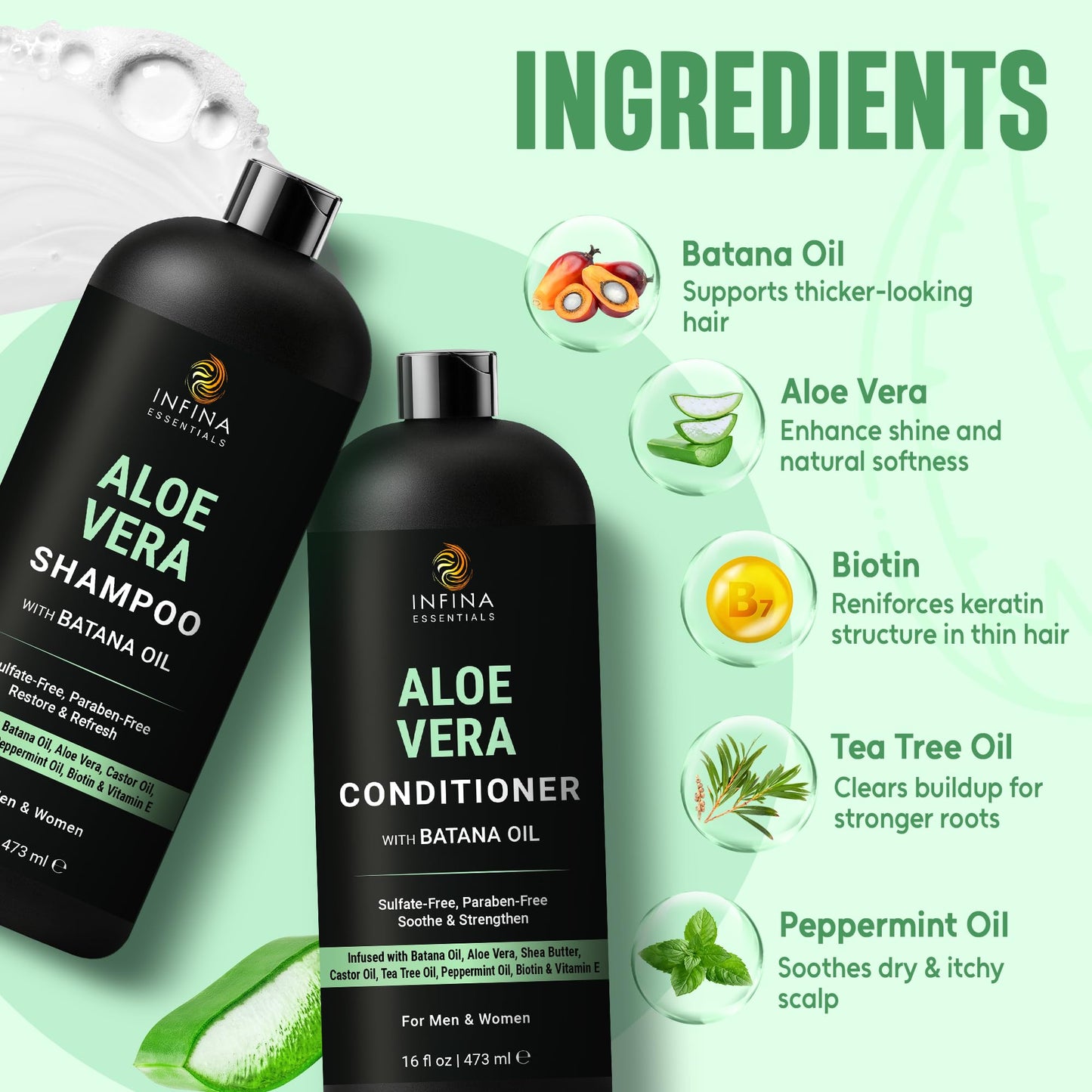INFINA ESSENTIALS Aloe Vera Shampoo and Conditioner Set | 16 fl oz Each | with Batana Oil | Hydrating, Soothing & Moisture Balance Formula |