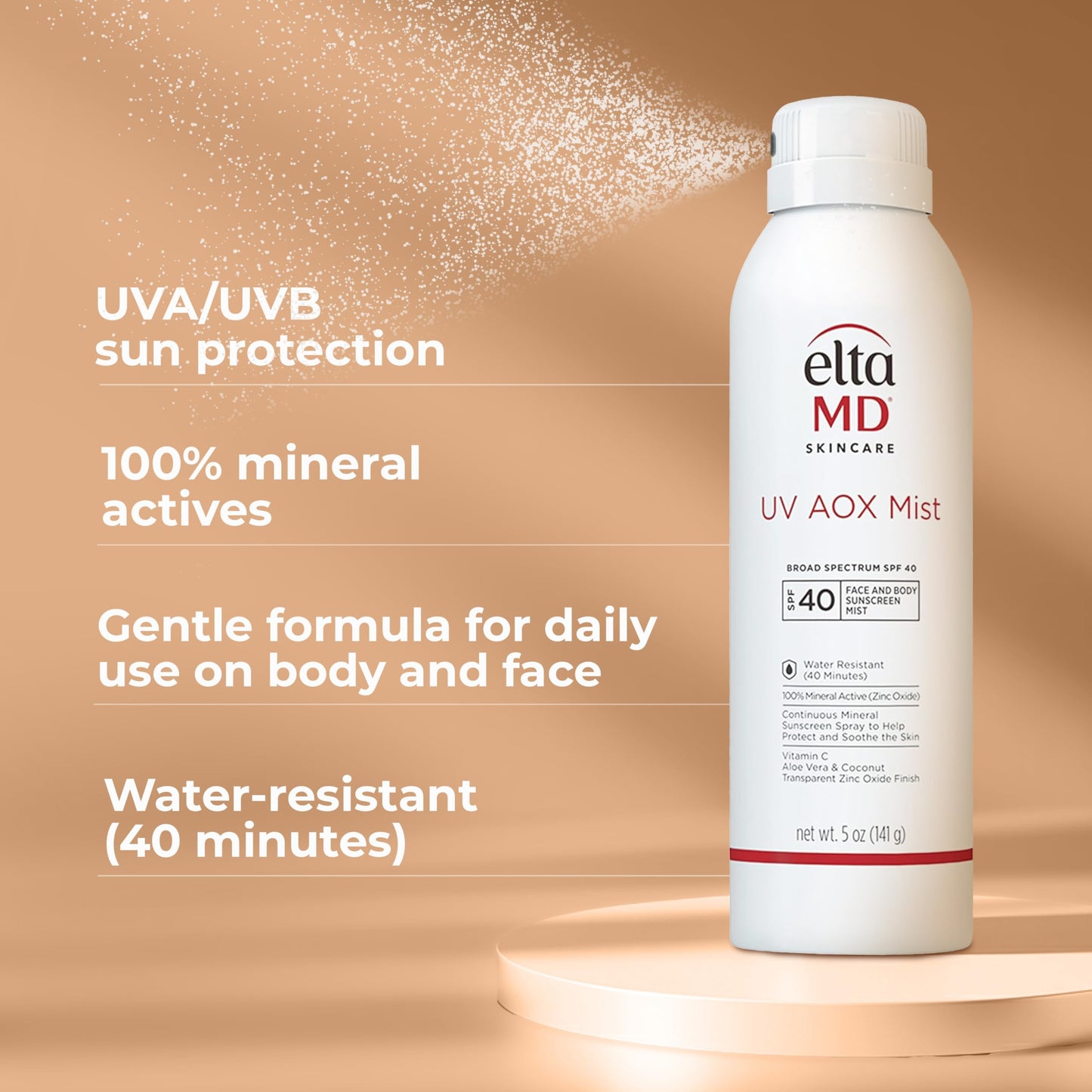 EltaMD UV AOX Mist Mineral Sunscreen Spray SPF 40, Broad Spectrum Face and Body Sunscreen with Zinc Oxide, 100% Mineral Active, Hydration Boost