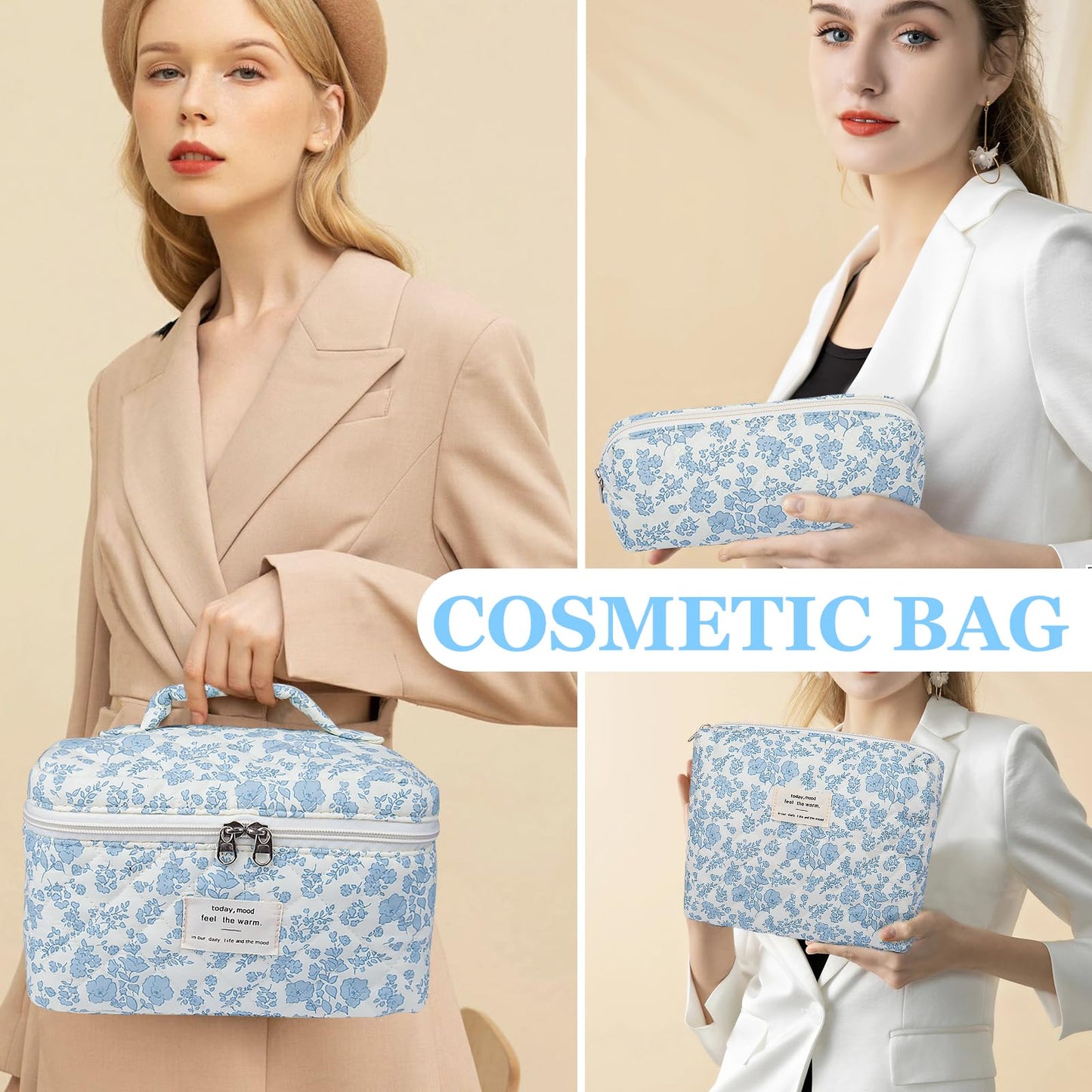Large Quilted Makeup Bag – Big Floral Cosmetic Pouch for Women & Girls, Cute Cotton Travel Toiletry Organizer Bag Set with Flowers