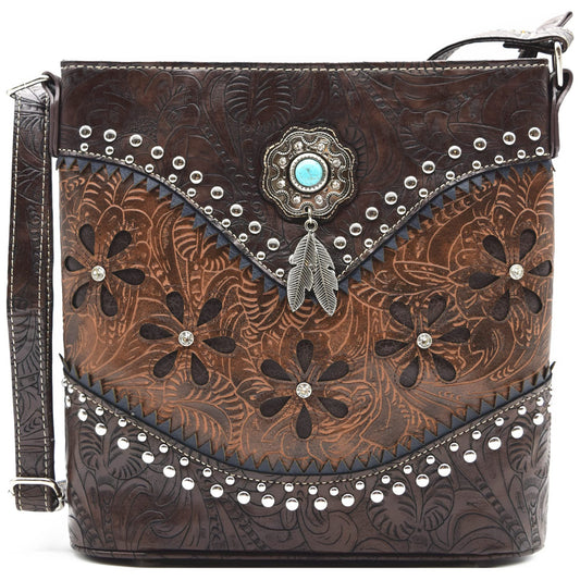 Western Style Tooled Leather Feather Crossbody Handbags Clutch Purse Women Country Everyday Shoulder Bag (Coffee)