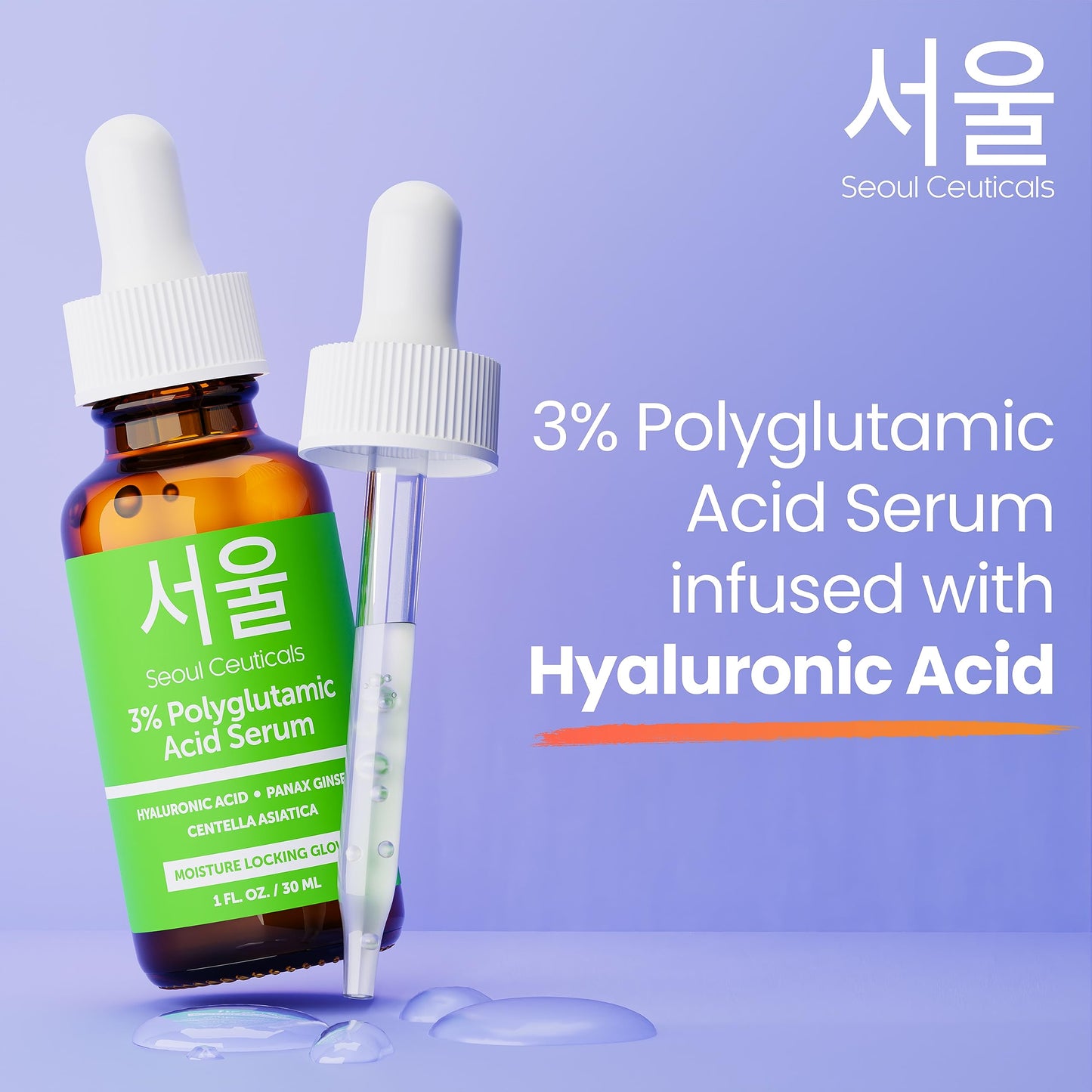 SeoulCeuticals Organic Polyglutamic Acid Serum - Korean Skin Care + Hyaluronic Acid + Centella Asiatica - K Beauty Anti Aging - Healthy Glowing Skin