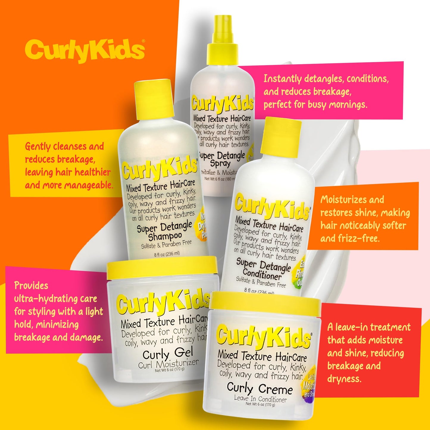 CurlyKids Super Detangle Spray Bundle with Hair Detangler Spray, Kids Shampoo, Conditioner, Gel & Creme for Curly, Frizzy, & Wavy Hair | Sulfate
