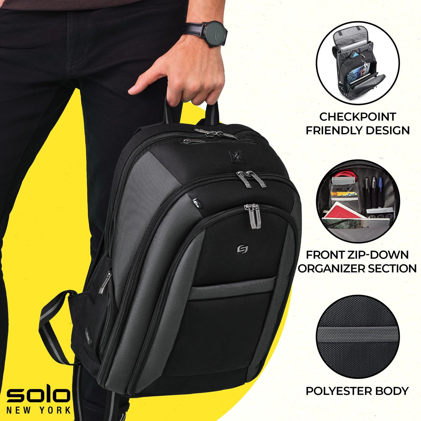 Solo New York Laptop Backpack for Women & Men -Carry On Bookbag for Travel & Work, Lightweight Bag, Removable Laptop Sleeve, Padded Straps, Fits 16" Computer - Metropolitan, Black & Grey