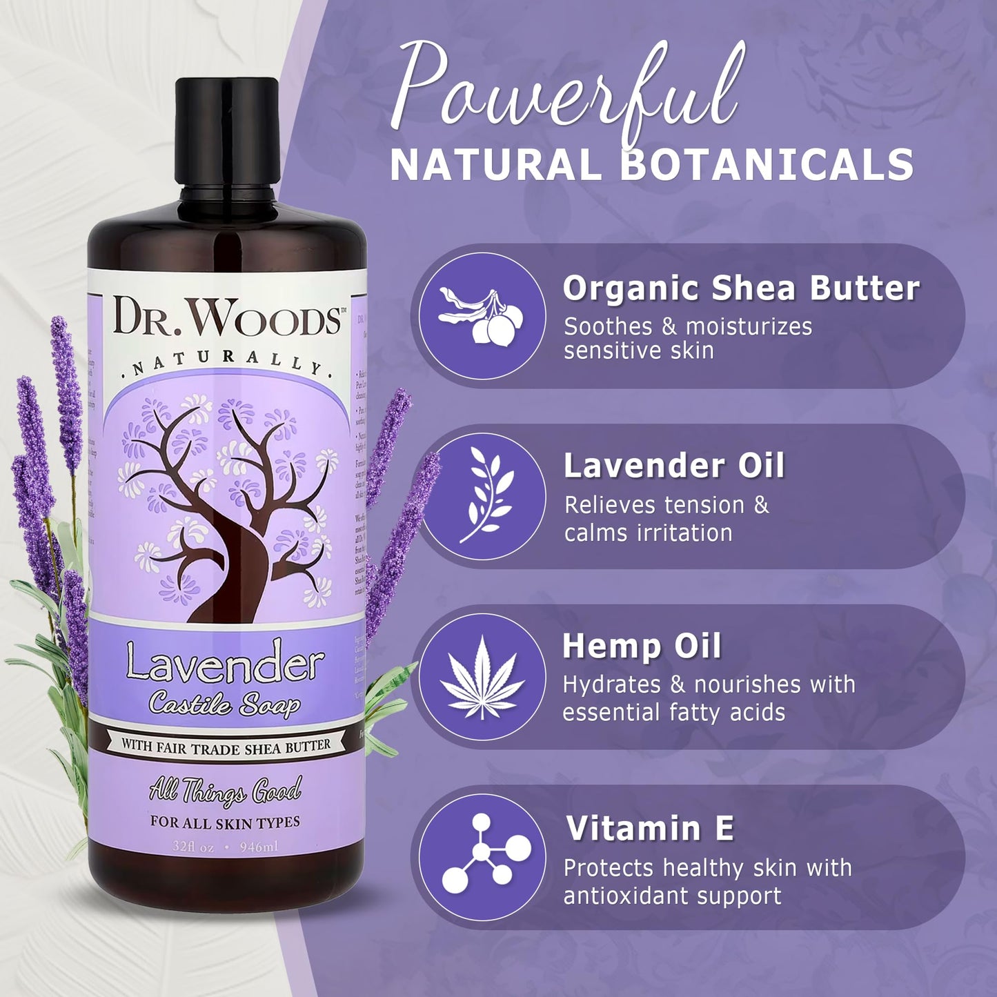 Dr. Woods Lavender Liquid Castile Soap - Castile Soap with Pure Lavender Oil, Body Wash for Men and Women, Contains Organic Shea Butter, Natural