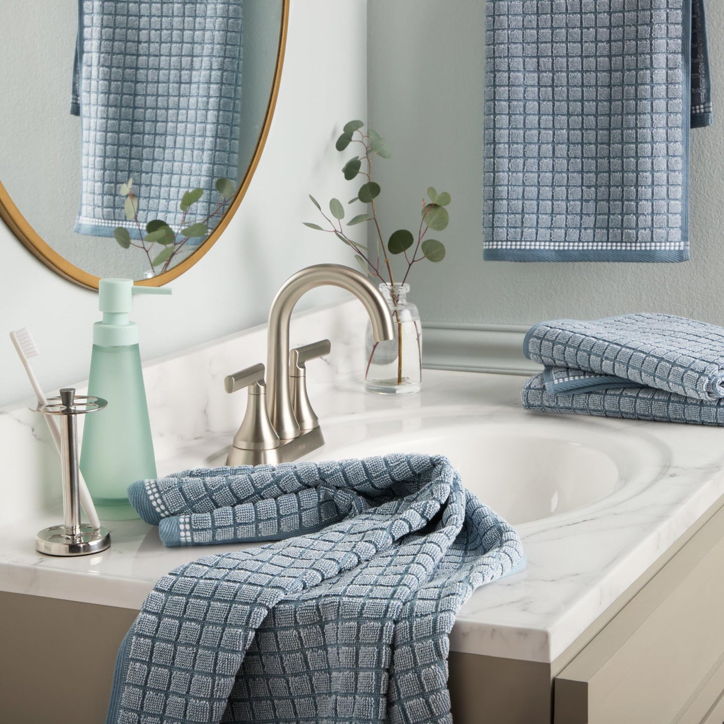 Town & Country Everyday 4-Piece Textured Windowpane Hand Towel Set, 20x30-Inch, 100% Cotton, Plush & Absorbent 550GSM, Blue