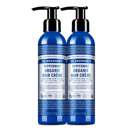 Dr. Bronner's - Organic Hair Crème (Peppermint, 6 Ounce, 2-Pack) - Leave-In Conditioner and Styling Cream, Made with Organic Oils, Hair Cream Supports