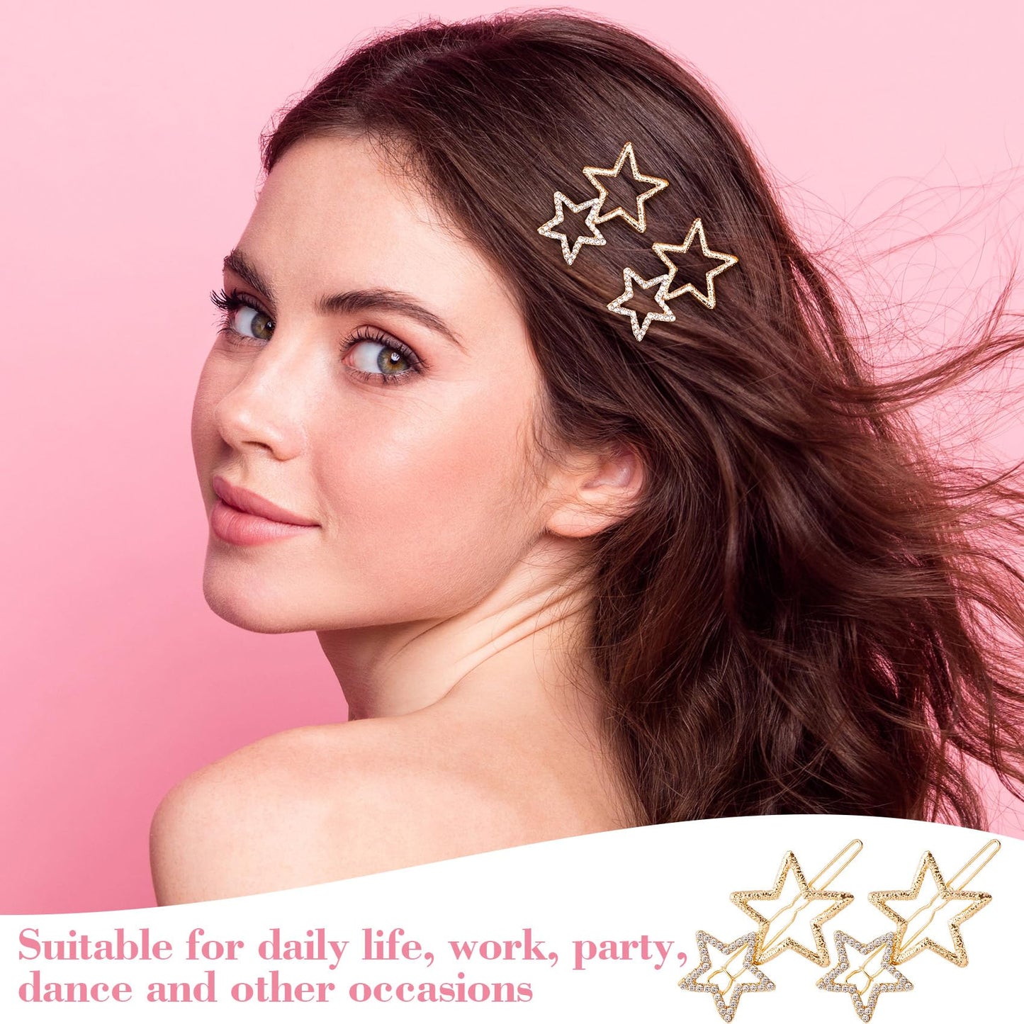 OIIKI Hair Clip, 8pcs Gold Star Hair Barrettes, Hollow Geometric Hair Pins with Rhinestone, Elegant Metal Hair Clips for Women Girls Hair Styling