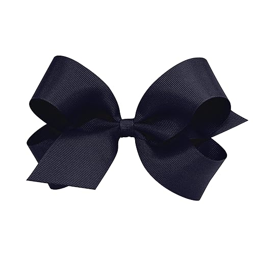 Wee Ones Girls' Plain Wrap Classic Grosgrain Hair Bows on a WeeStay No-Slip Hair Clip, Handmade, Large, Navy