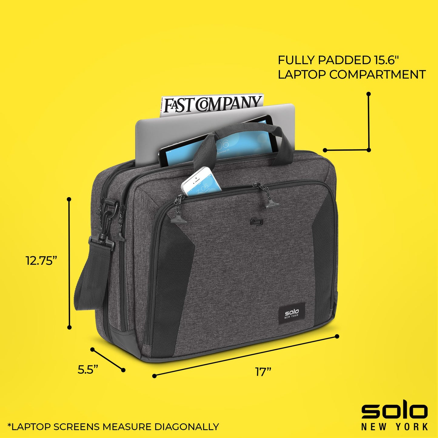 Solo New York Briefcase - Laptop Carrying Bag for Women & Men, Brief for Travel & Work, Internal Tablet Pocket, Adjustable Shoulder Strap, Fits 15.6"