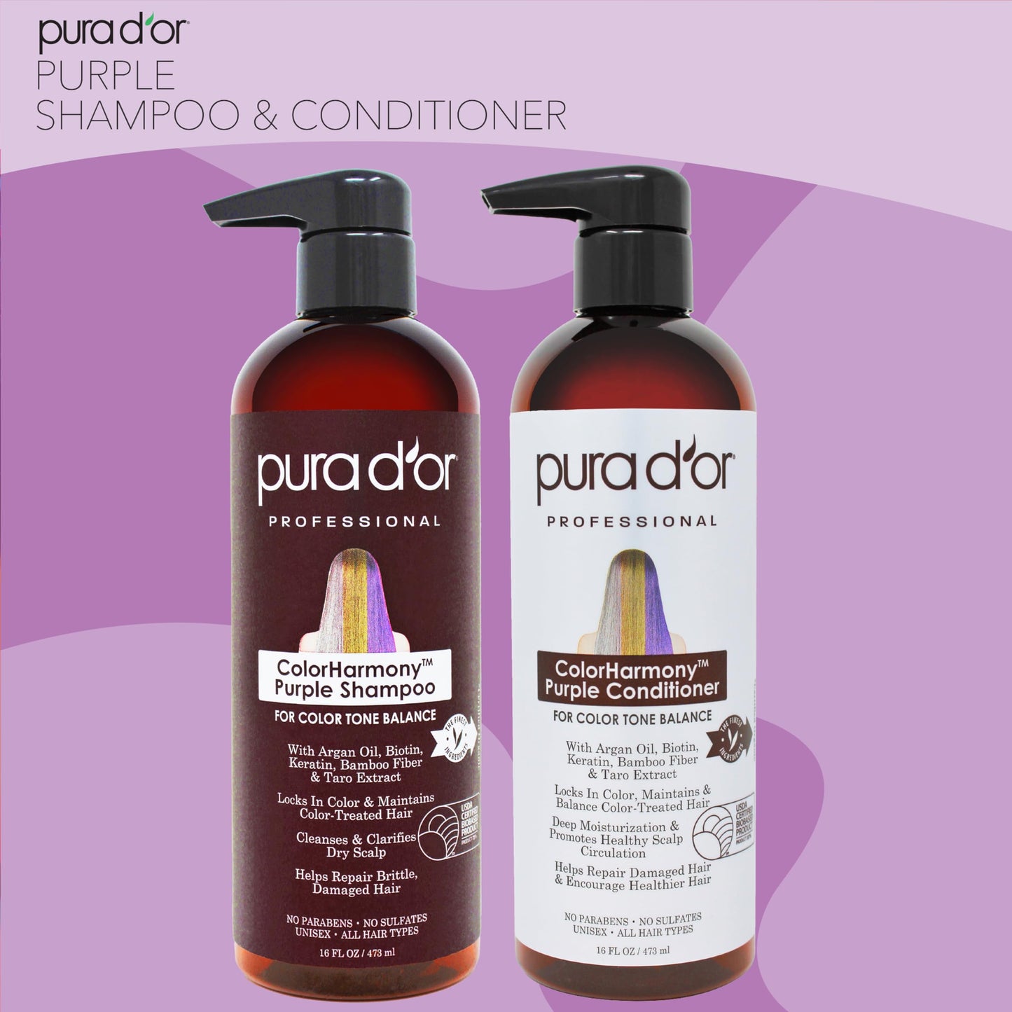 PURA D'OR Purple Shampoo & Conditioner (16oz x 2) ColorHarmony Biotin Set For Bleached, Blonde, Silver & Color Treated Hair - Keratin, Bamboo Fiber
