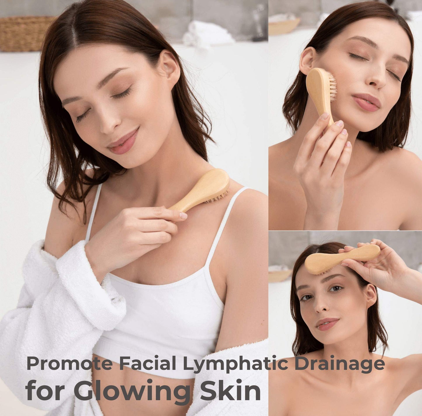 Dry Brushing Body Brush Set - Natural Bristle Spa Exfoliator Kit with Face Cleansing Brush, Long Dry Brushing Body Brush for Lymphatic Drainage