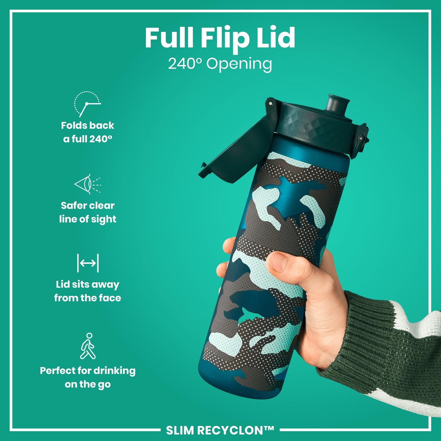 ION8 Water Bottle, 500 ml/18 oz, Leak Proof, Easy to Open, Secure Lock, Dishwasher Safe, BPA Free, Flip Cover, Carry Handle, Fits Cup Holders, Easy