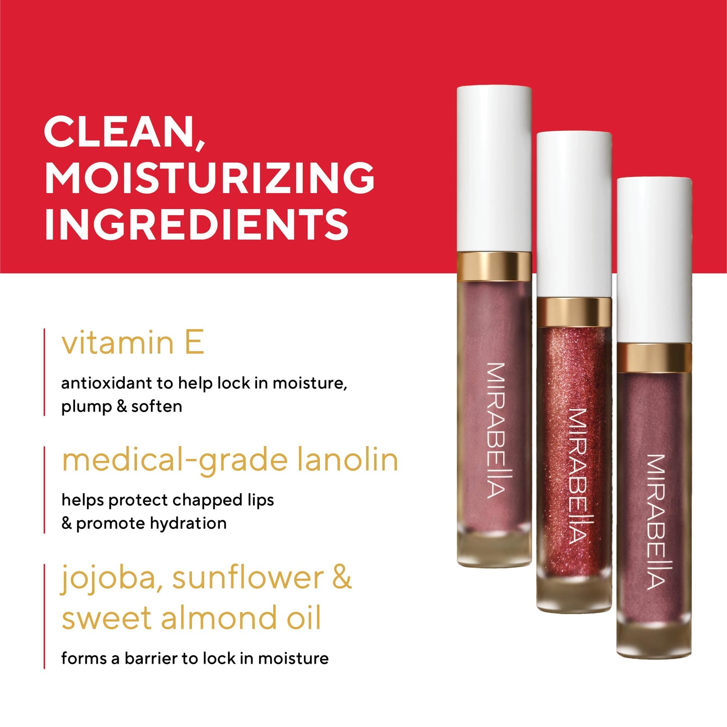 Mirabella 3 Pack Lip Gloss Trio - Highly Pigmented Shimmer Lip Gloss Non Sticky with Hydrating Medical Grade Lanolin for Chapped Lips, Lip Gloss for