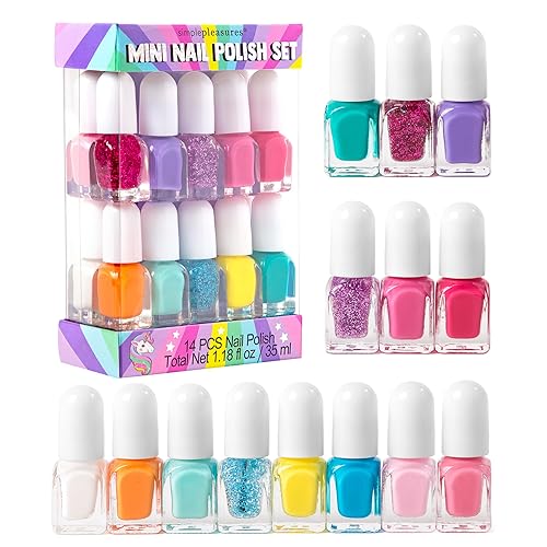 SIMPLE PLEASURES Rainbow Glitter Kids Nail Polish Set for Girls - 14 Water-Based Non -Toxic Nail Art Kit - Gift Set for Ages 7-12