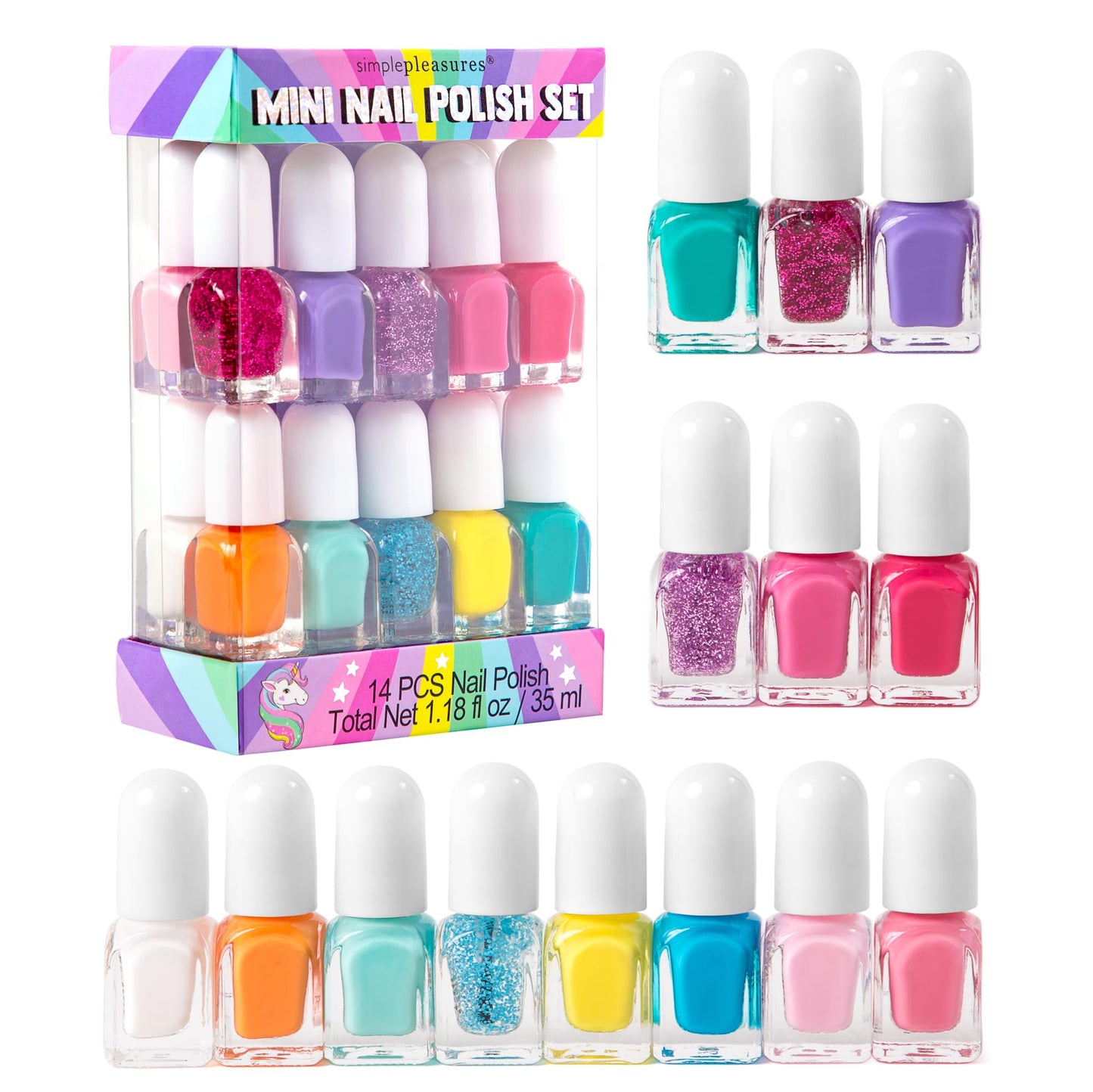 SIMPLE PLEASURES Rainbow Glitter Kids Nail Polish Set for Girls - 14 Water-Based Non -Toxic Nail Art Kit - Gift Set for Ages 7-12