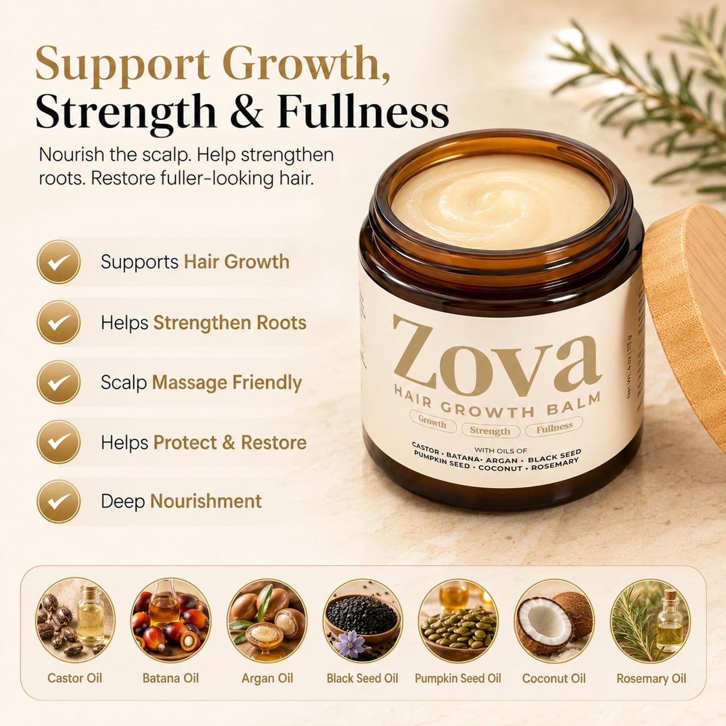 Zova Hair Growth Balm - Batana, Castor, Argan & Rosemary Oil Blend for Thicker, Stronger Hair - Deep Scalp Nourishing Hair Treatment for Men & Women Beauty and Personal Care Zova Growth