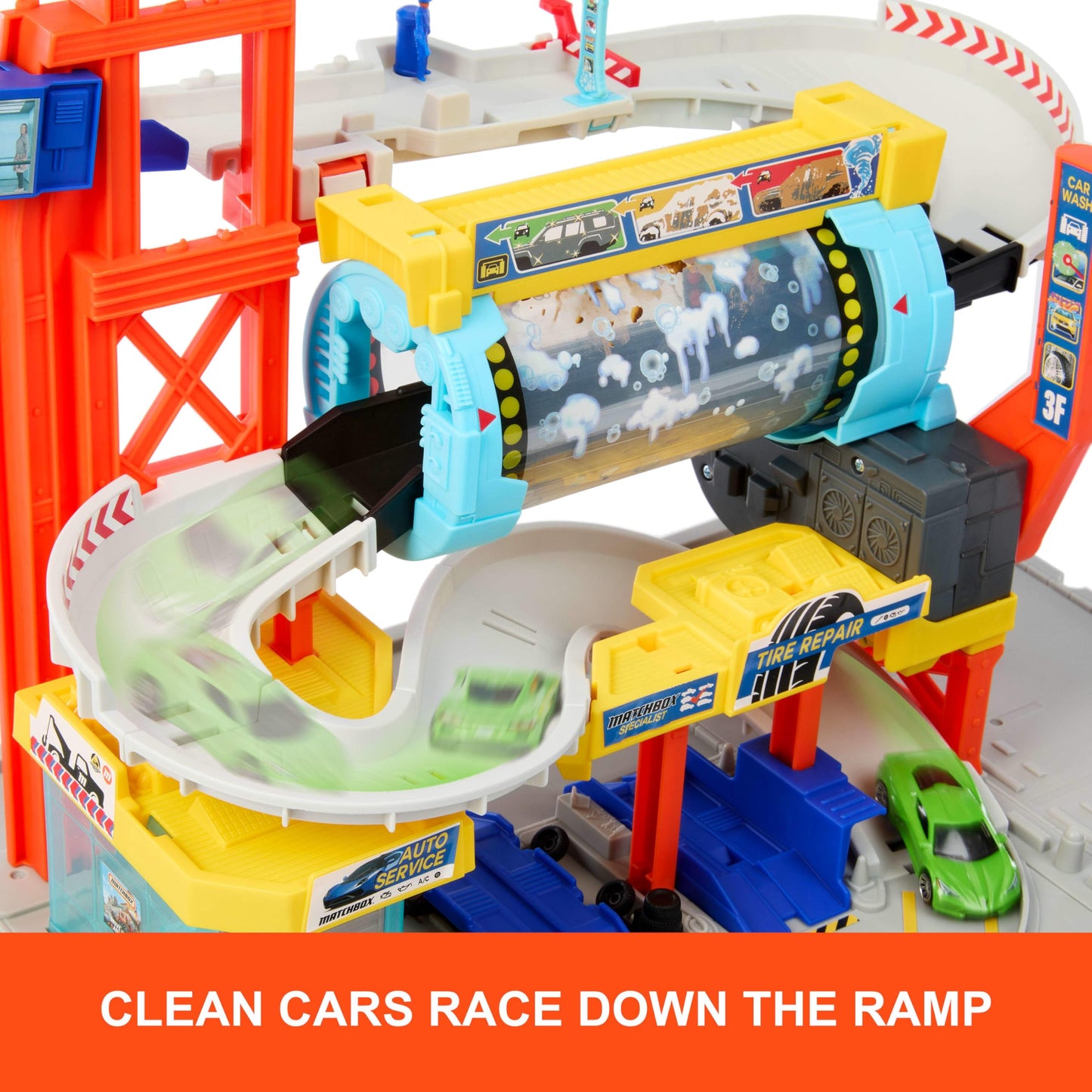 Matchbox Toy Car Track Set, Spin Cyclone Car Wash Playset with 1:64 Scale Corvette & Tow Truck, Features Spinning Wash Tunnel, Tune-Up Shop & Parking