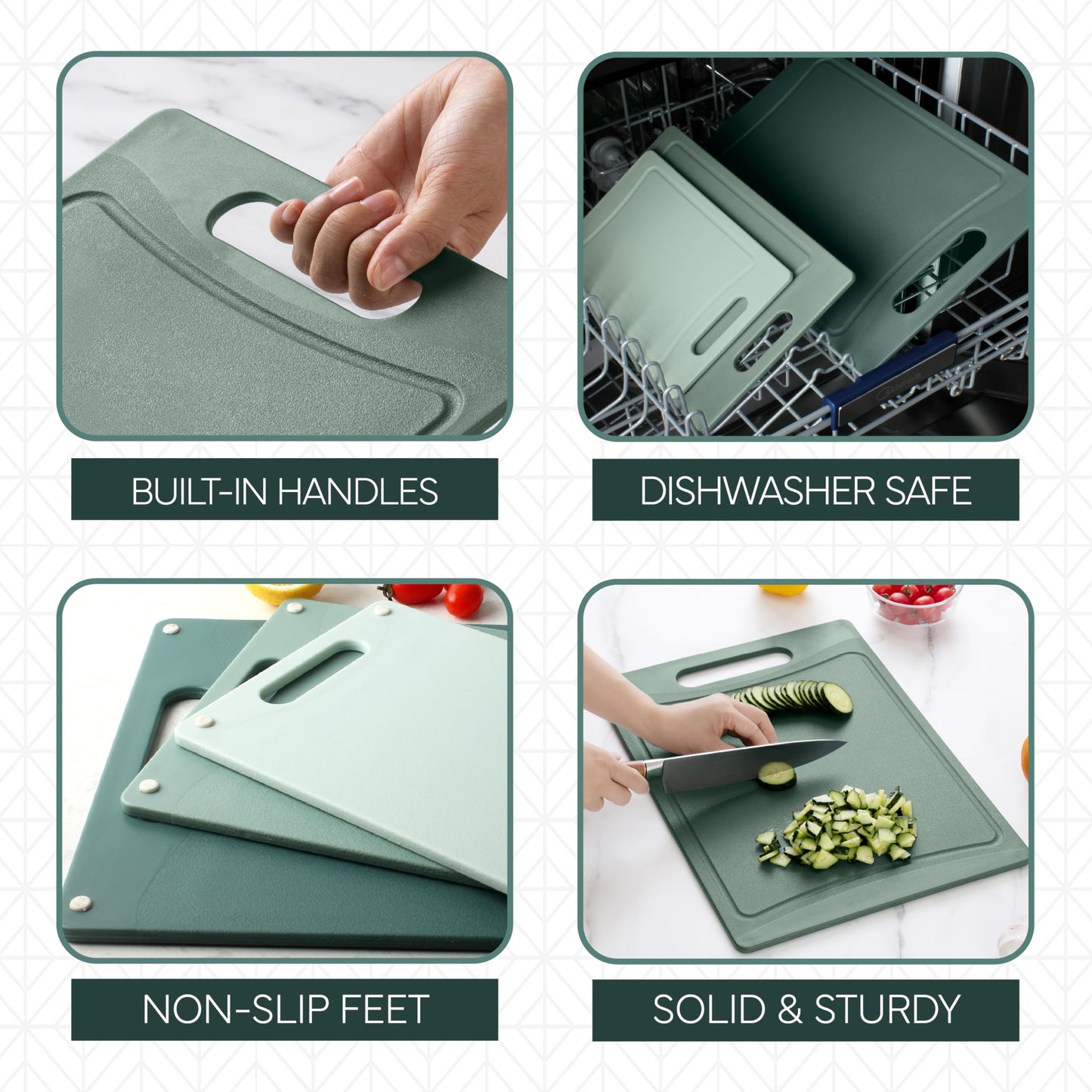 COOK WITH COLOR Non-Slip Cutting Board Set - Kitchen Essentials with Easy Grip Handle for Meat, Veggies, and Fruits, 3 Cutting Boards, Mint