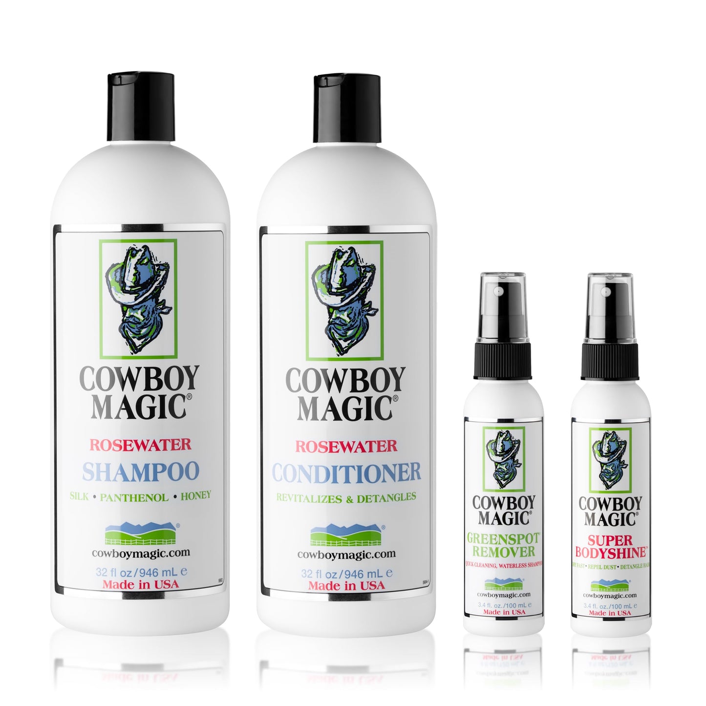 Cowboy Magic Show Ready LIMITED EDITION Box Set - 32 Oz Rosewater Shampoo, 32 Oz Conditioner, 4 Oz Greenspot Remover, 4 Oz Superbody Shine, and Bonus