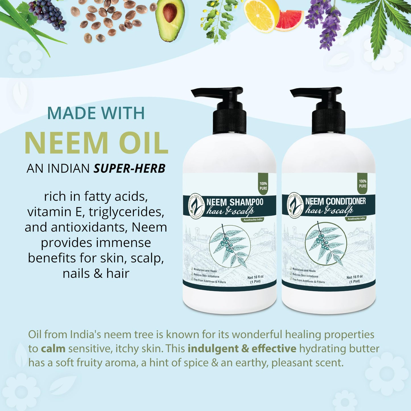 Zatural Natural Neem Shampoo & Conditioner Kit, Health Soothing & Healing For Sensative Scalp & Hair Nourish & Repair (16oz Shampoo & 16oz