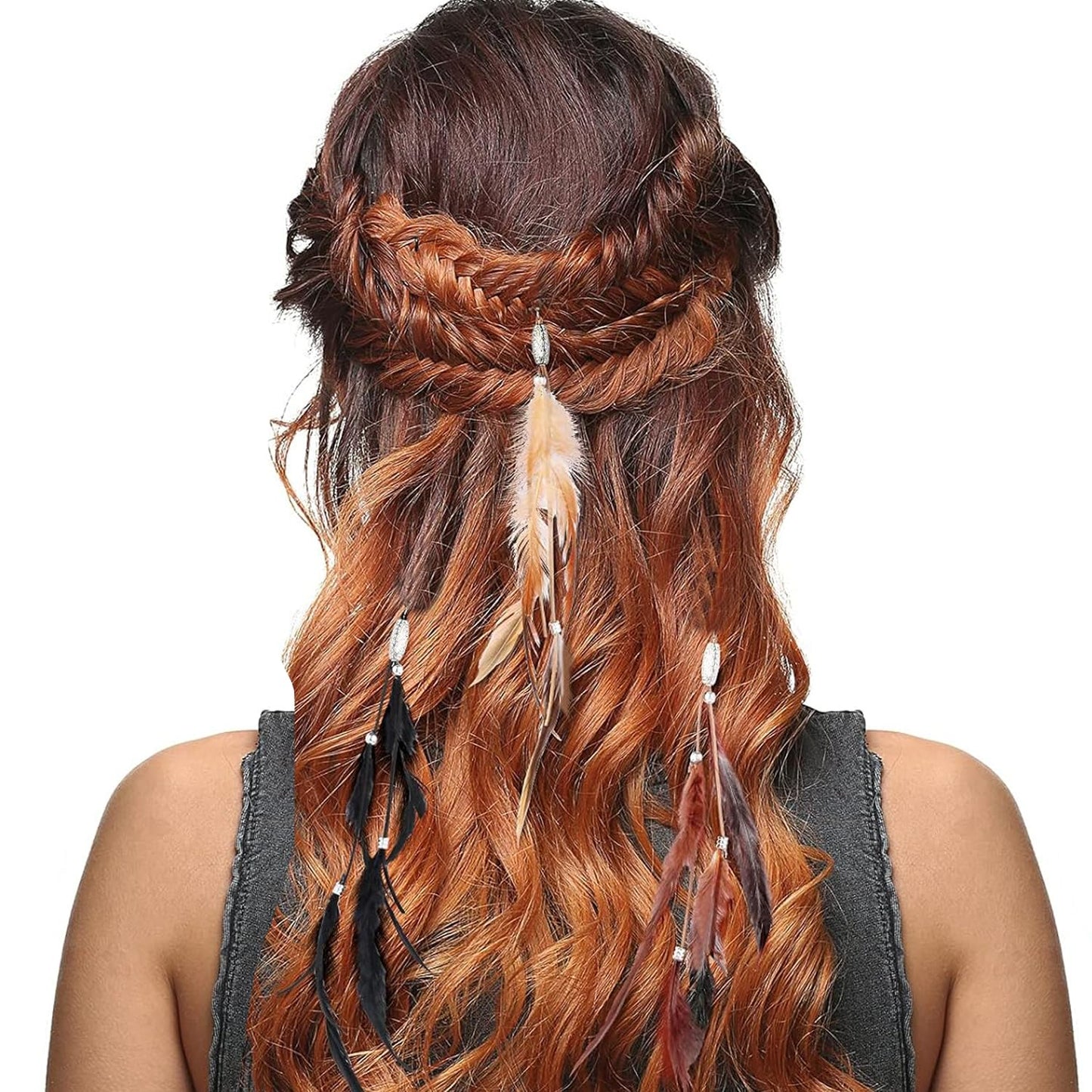 RONRONS 6 Pack Handmade Boho Hippie Hair Extensions with Feather Clip Comb Headdress DIY Accessories for Women (Brown, Black, Khaki)
