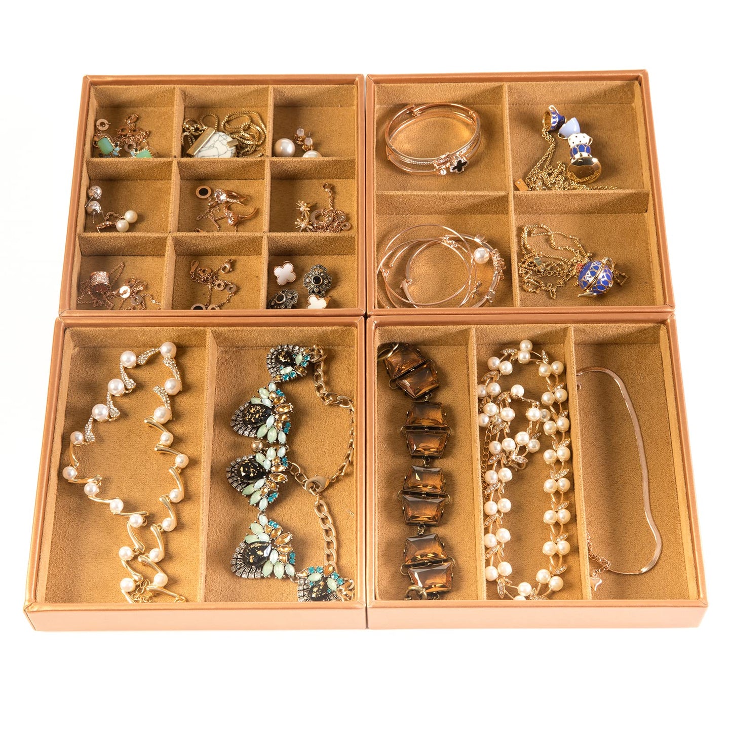 Huji Stackable Jewelry Trays Organizer Storage Rings Earrings Bracelets Watches Necklaces (1, Camel Brown Stack-able Trays)