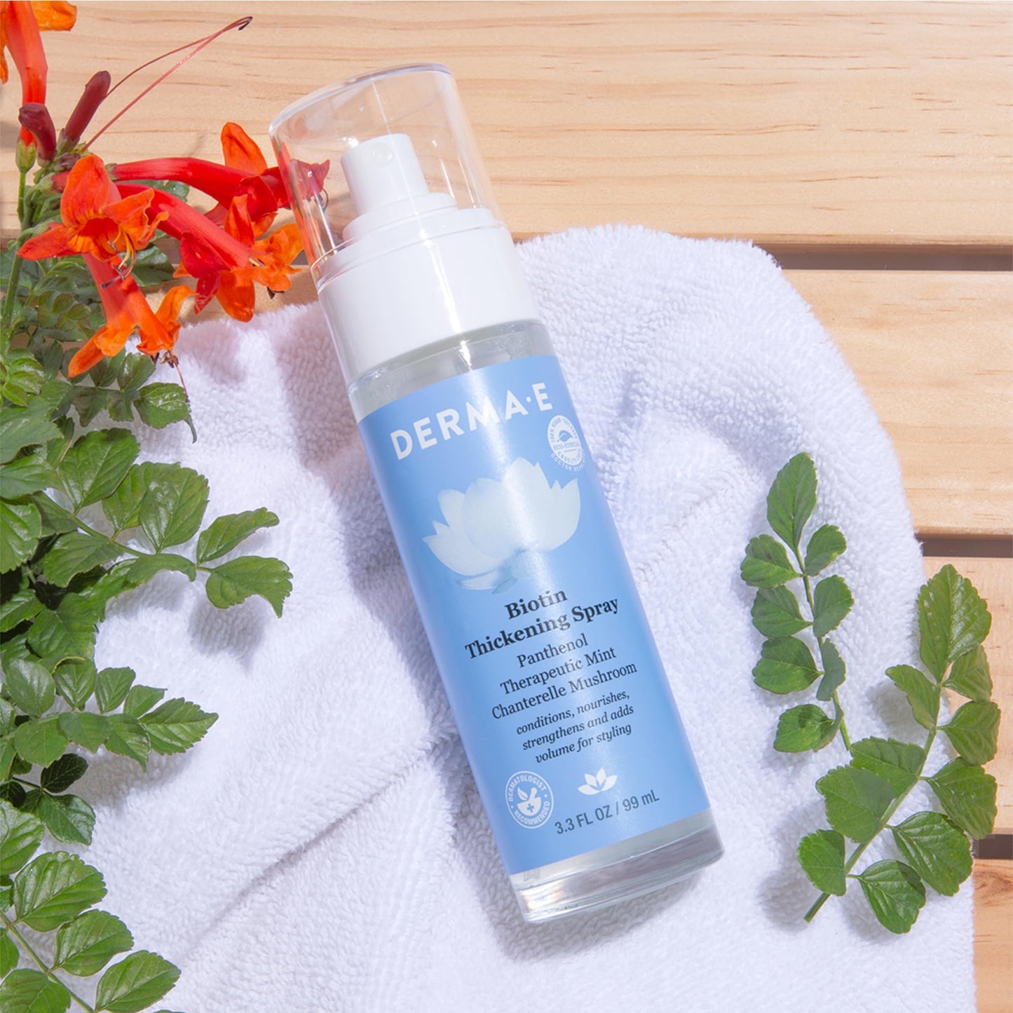 Derma E Biotin Thickening Spray - Volumizing Protein-Enriched Texturizer for Fine Hair with Panthenol, Therapeutic Mint and Chanterelle Mushroom, 3.3