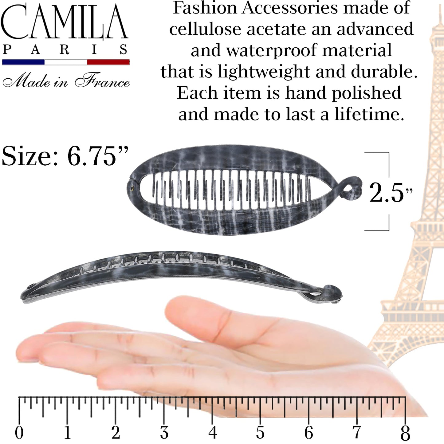 Camila Paris CP3100 French Extra Large Banana Clip Hair Comb, Gray Classic Banana Clips Hair for Thick Hair Ponytail Holder Interlocking Styling Clips