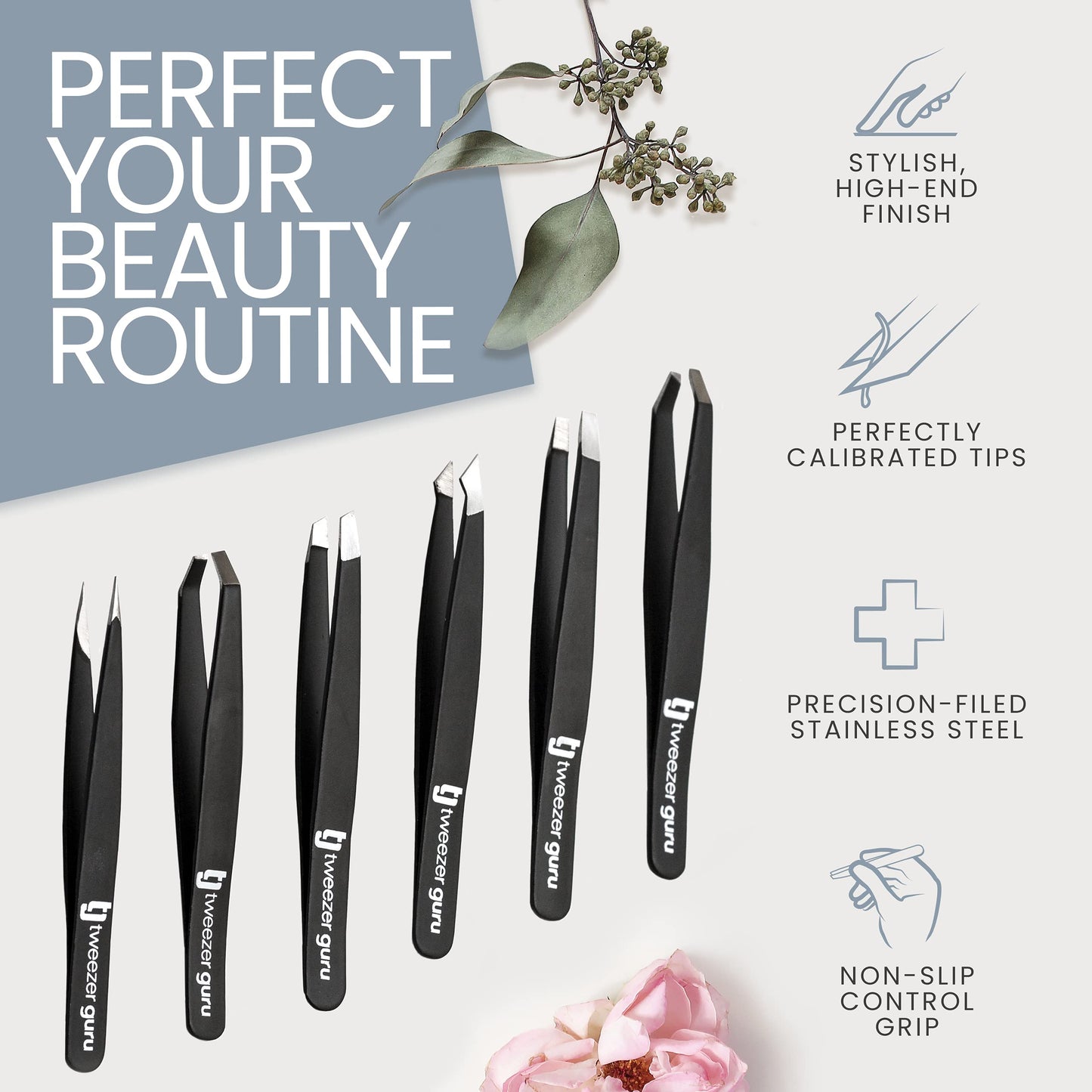 Tweezer Guru Eyebrow Tweezer Set for Women & Men - Professional Slant and Pointed Tweezers Set with Case - Precision Tweezers Kit for Facial Hair