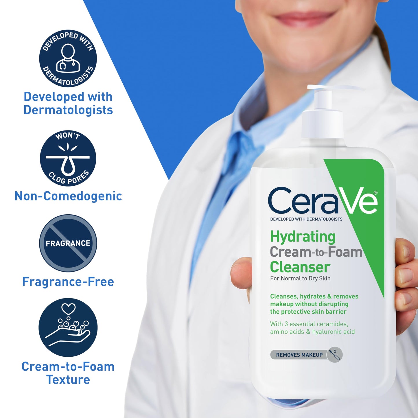 CeraVe Hydrating Cream To Foam Cleanser, Makeup Remover Face Wash For Dry Skin, Foaming Facial Cleanser With Hyaluronic Acid, Normal To Dry Skin Beauty and Personal Care CeraVe