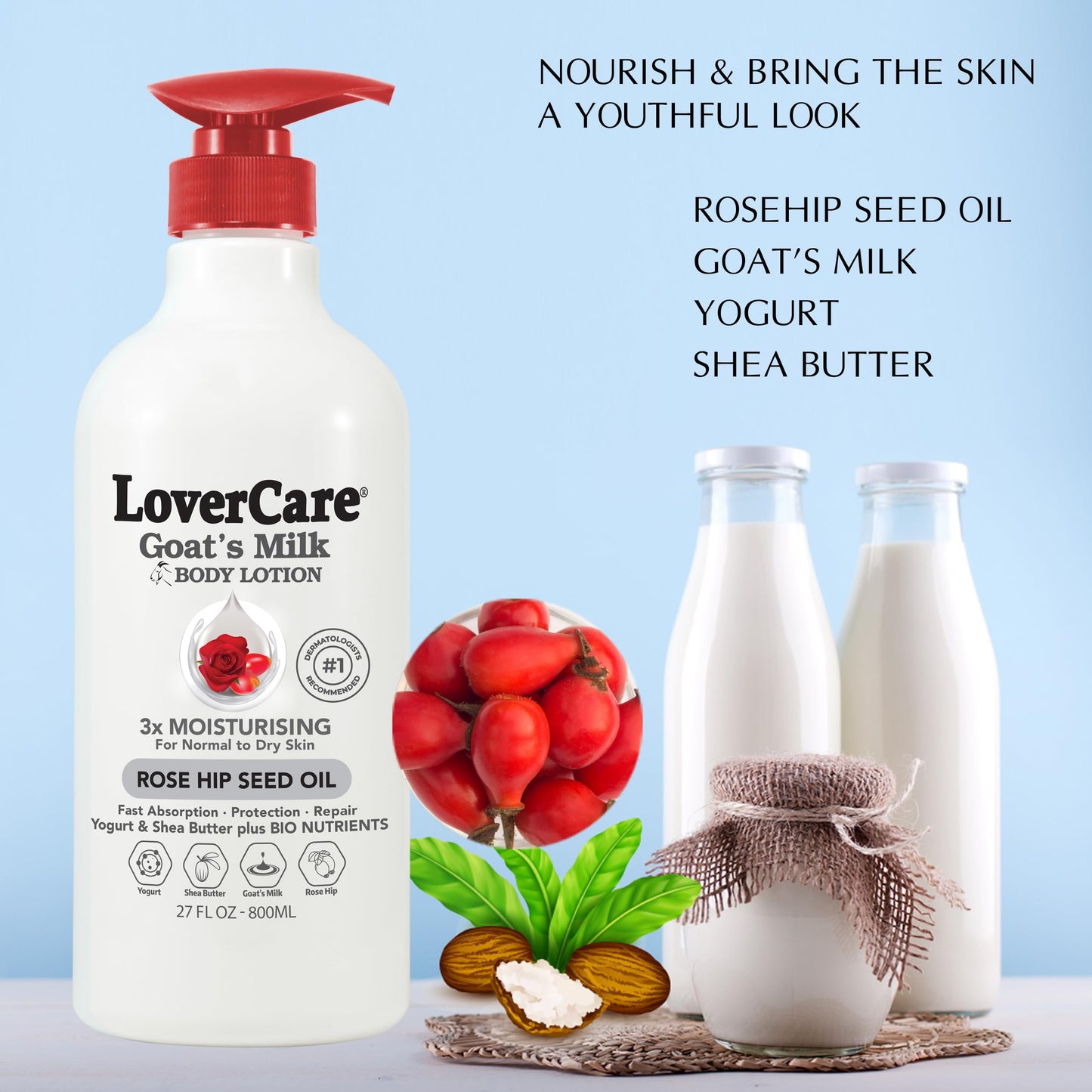 Lover's Care Goat Milk Body Lotion for Dry Skin 27 fl oz (800ml) Rose Hip Seed Oil - Single…