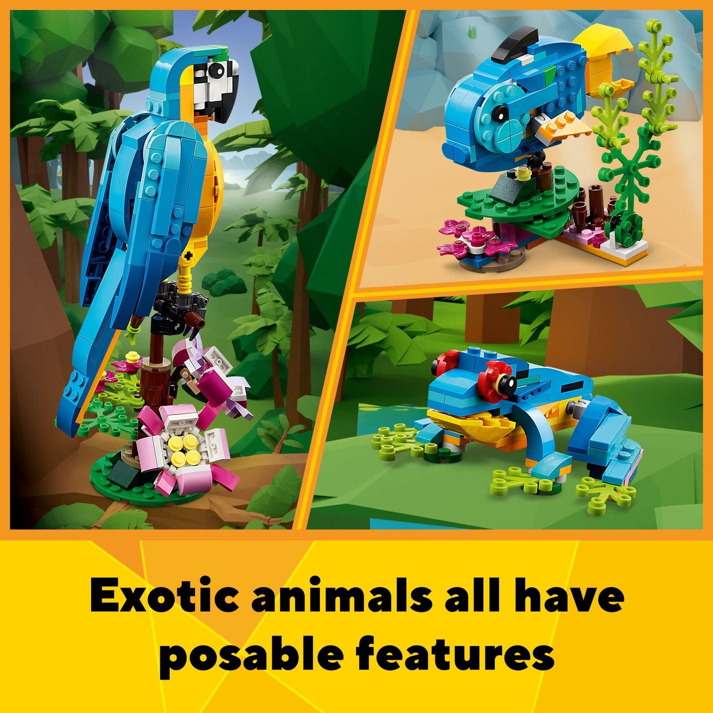 LEGO Creator 3 in 1 Exotic Parrot 31136, Build Colorful Parrot, Fish or Frog, Animal Building Toy Set for Kids Ages 7+, Creative Play Gift