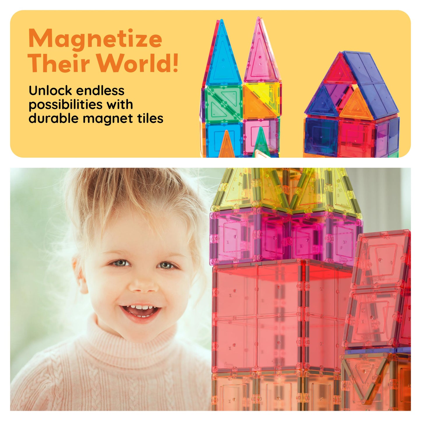 PicassoTiles 60pcs Magnetic Building Tiles – Clear 3D Magnet Blocks Construction Playset for Kids, Educational & Creative Toy Set