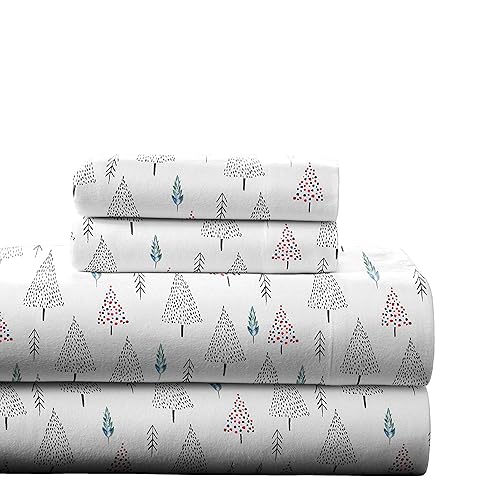 Pointehaven 180 GSM 100% Cotton Flannel Sheet Set - Cal King, Pine Tree Red - Warm & Cozy - Pre-Shrunk -Deep Pockets - Elastic All Around-Comfy Double