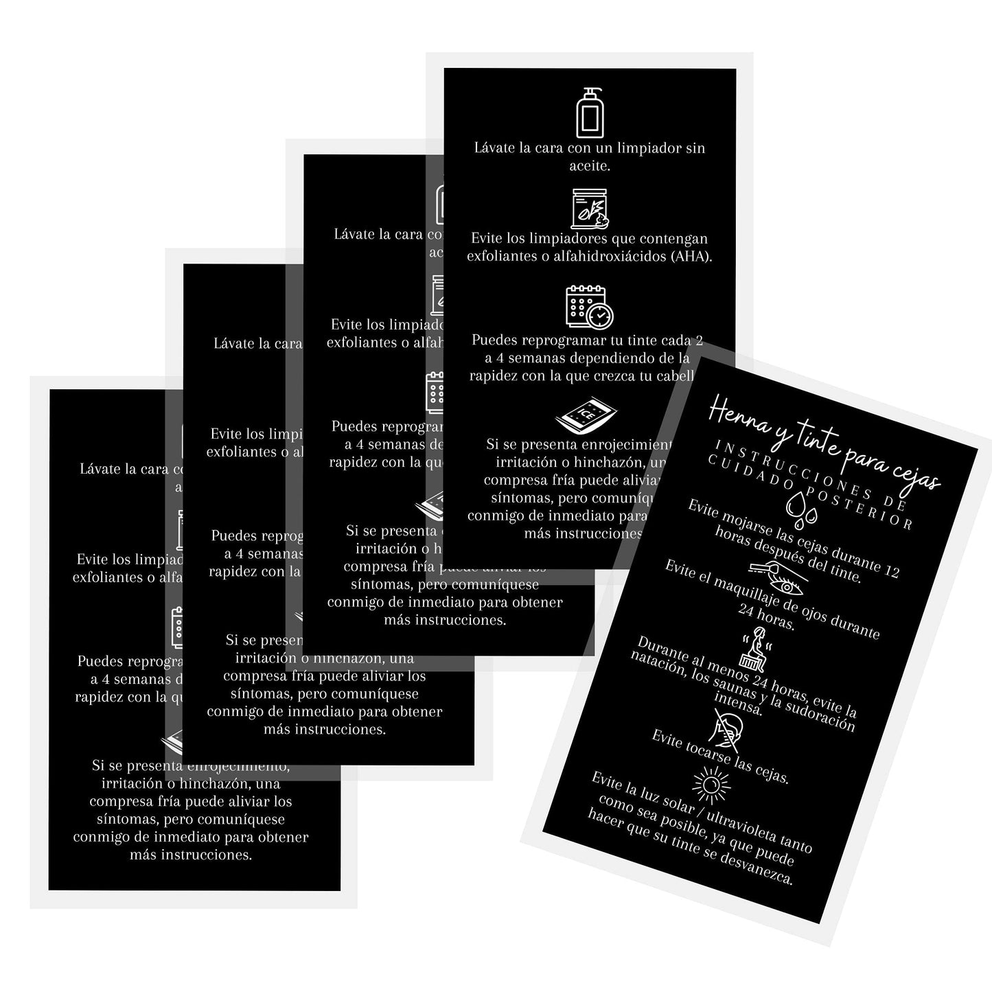 SPANISH Brow Tint & Henna Aftercare Card | Henna y Tinte Para Cejas | 50 Pack | Size 2x3.5” inches Business Card | Starter Lift Kit with Tint at home