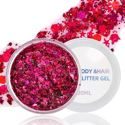 Pink Body Glitter Gel for Face, Hair and Makeup - Festival Rave Chunky Sparkling Halloween Glitter for Women