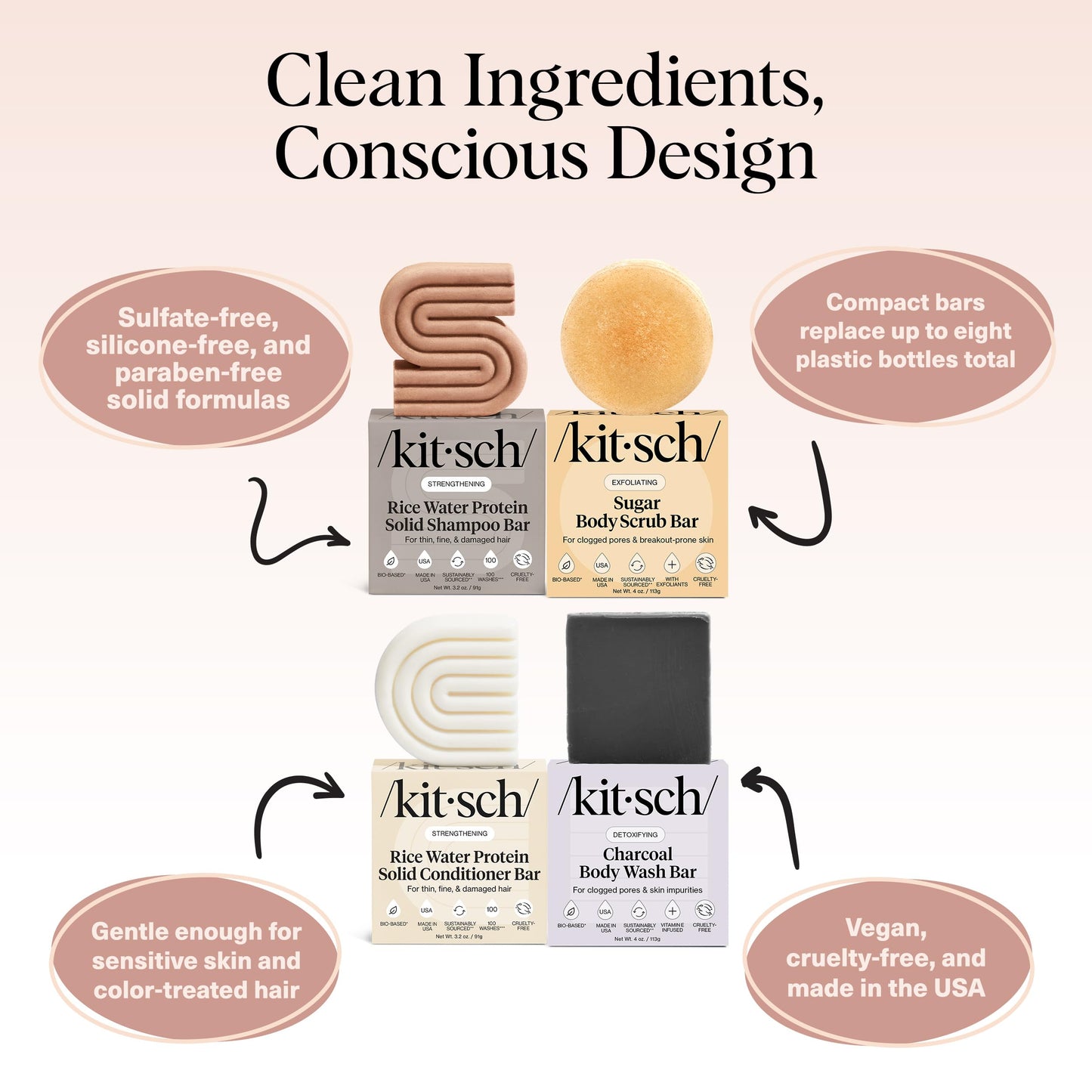 Kitsch 4pc Set - Rice Water Shampoo and Conditioner Set + Charcoal Body Wash Bar & Exfoliating Sugar Body Scrub - Hair & Body Bar Soap - Silicone