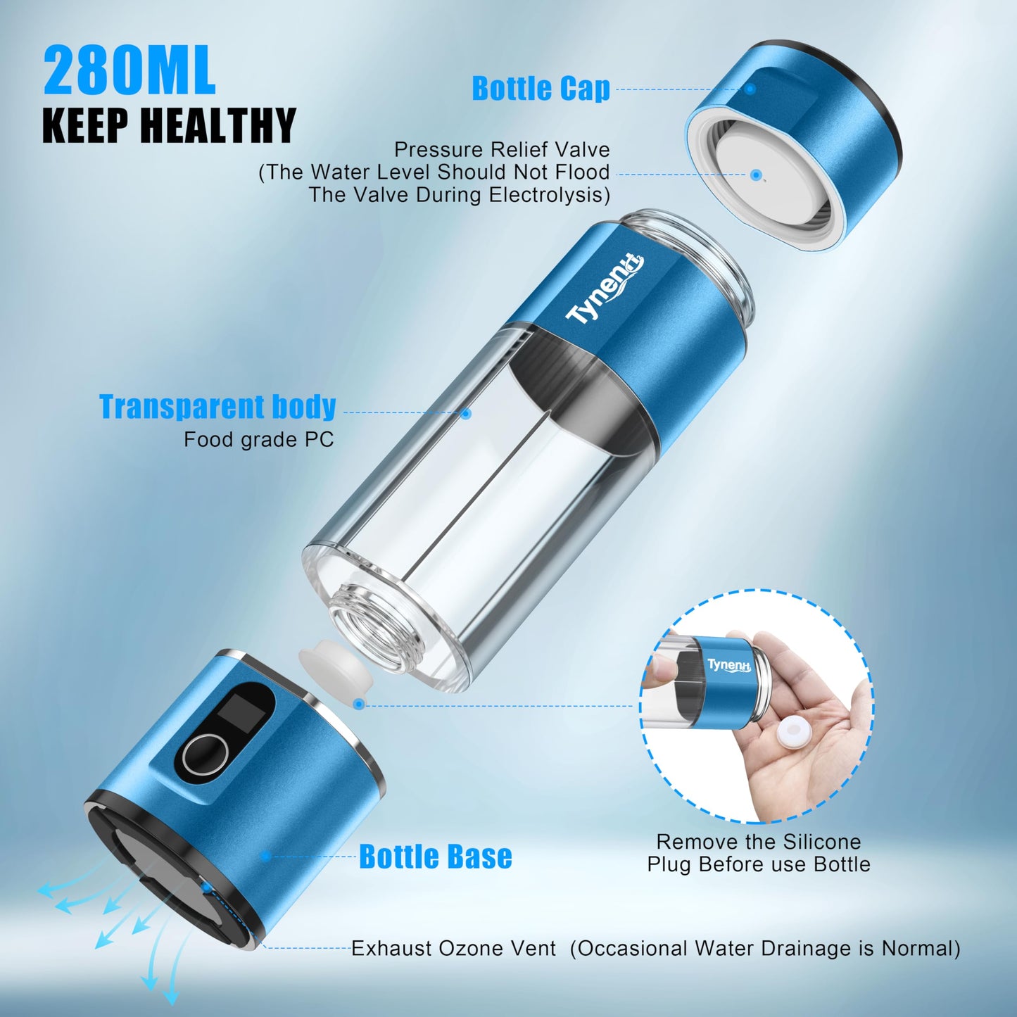Portable Hydrogen Water Bottle Generator: 280ML Water lonizer Machine with 5800PPB+,SPE/PEM Technology,5/10min,Rechargeable Aquahealth Hydrogen