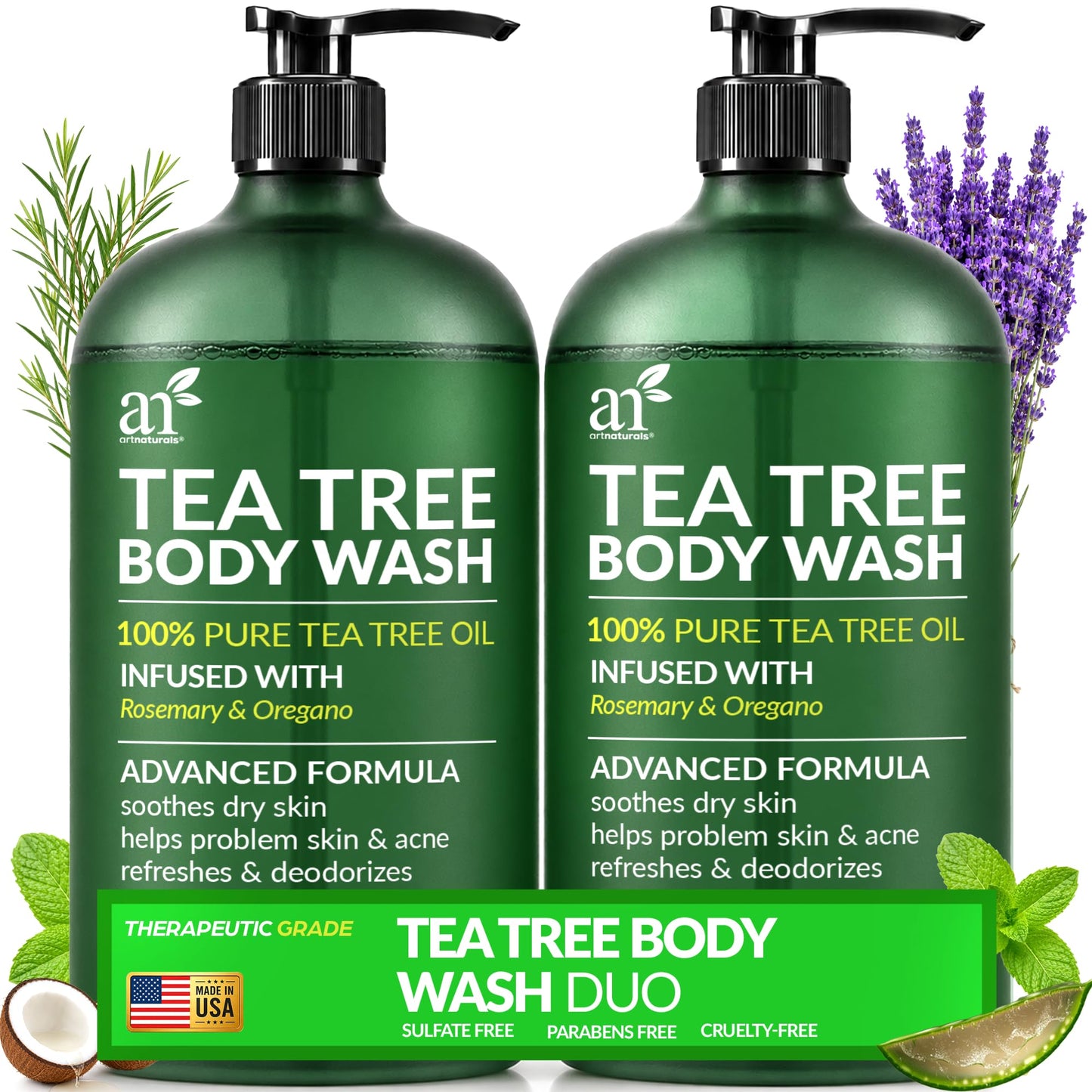 Artnaturals Tea Tree Body Wash 16 fl oz (2 Pack) - Extra Strength Shower Gel with Rosemary & Oregano - For Acne, Athlete's Foot, Jock Itch, Ringworm Beauty and Personal Care Artnaturals