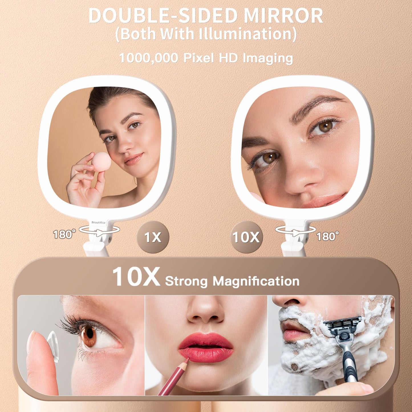 Beautifive 6.3” Makeup Mirror with Light and Magnification, 10X/1X Light Up Makeup Mirror Lighted Make Up Mirror with Adjustable Height Double Sides