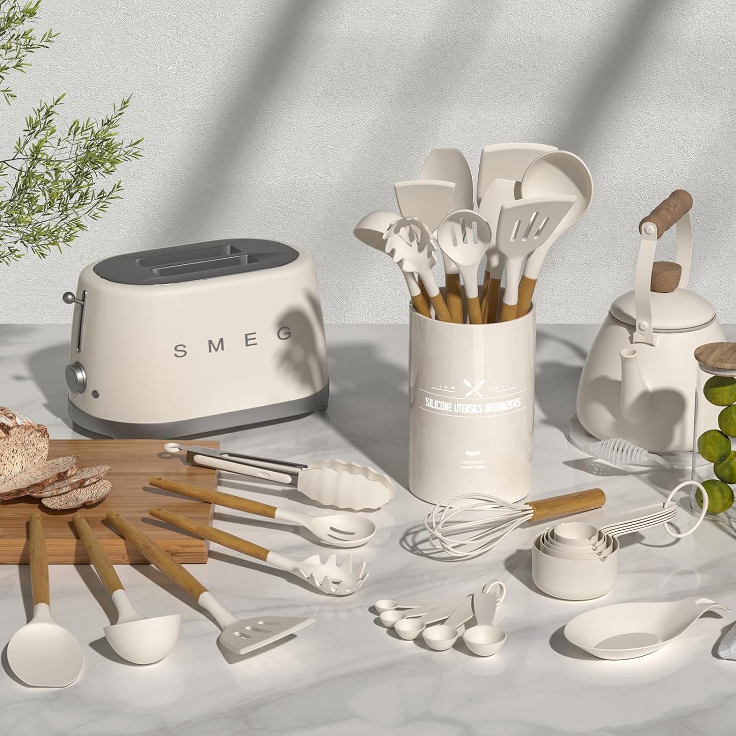 Umite Chef 33-Piece Kitchen Utensil Set – Non-Stick Silicone Spatulas with Wooden Handles & Holder, Khaki Kitchen Gadgets