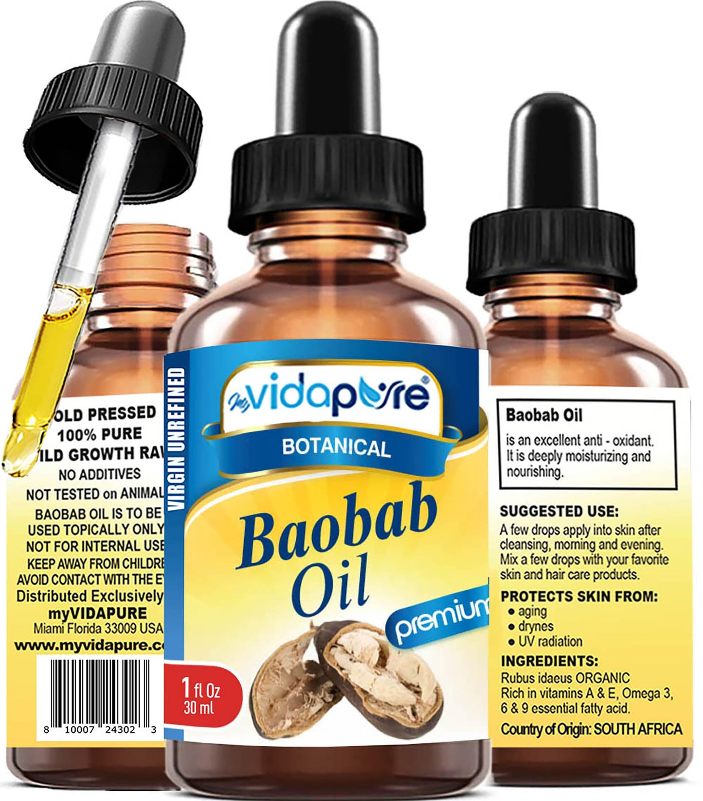 MYVIDAPURE 100% Pure BAOBAB OIL WILD GROWTH RAW for Skin, Hair, Lip and Nail Care. (1 Fl Oz)