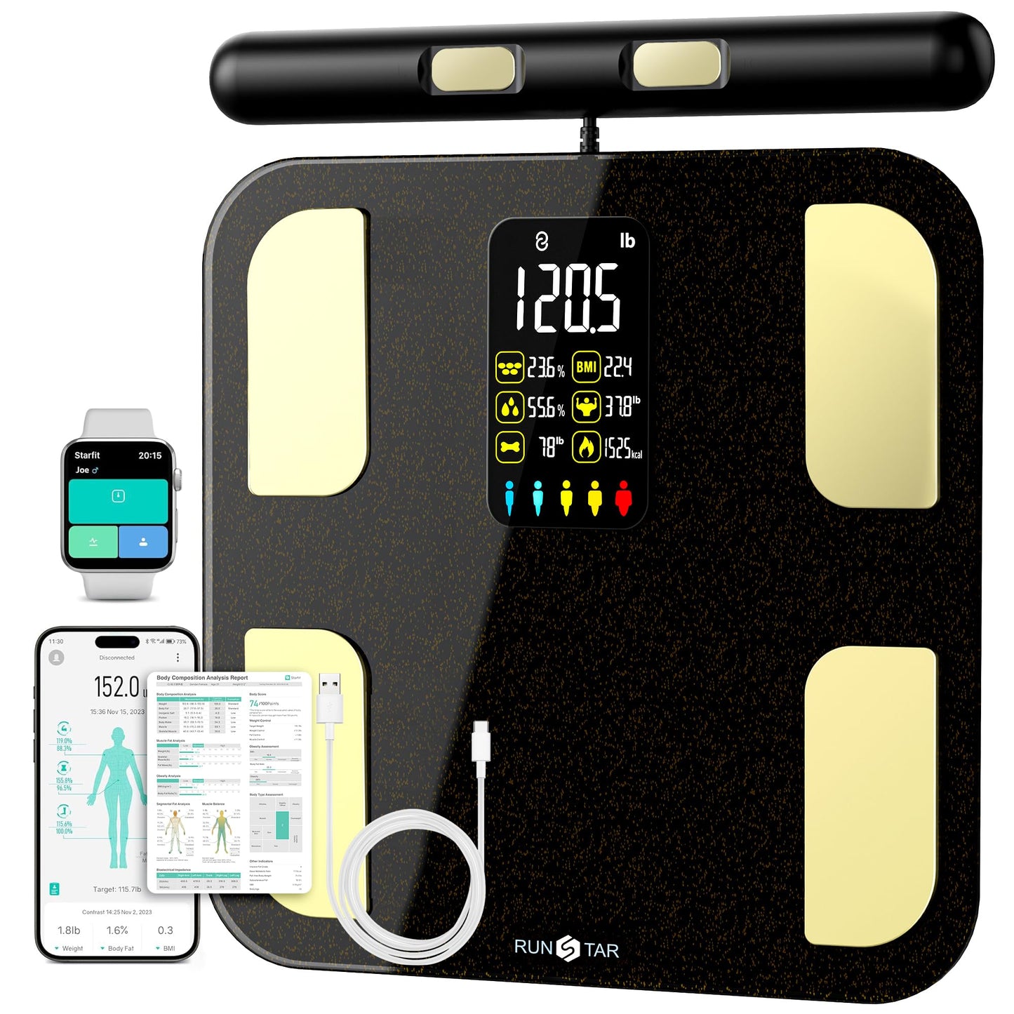 Scale for Body Weight, RunSTAR 8 Electrodes High Accurate Rechargeable Composition Analyzer with BMR Index Body Fat Digital Scale Composition Muscle…