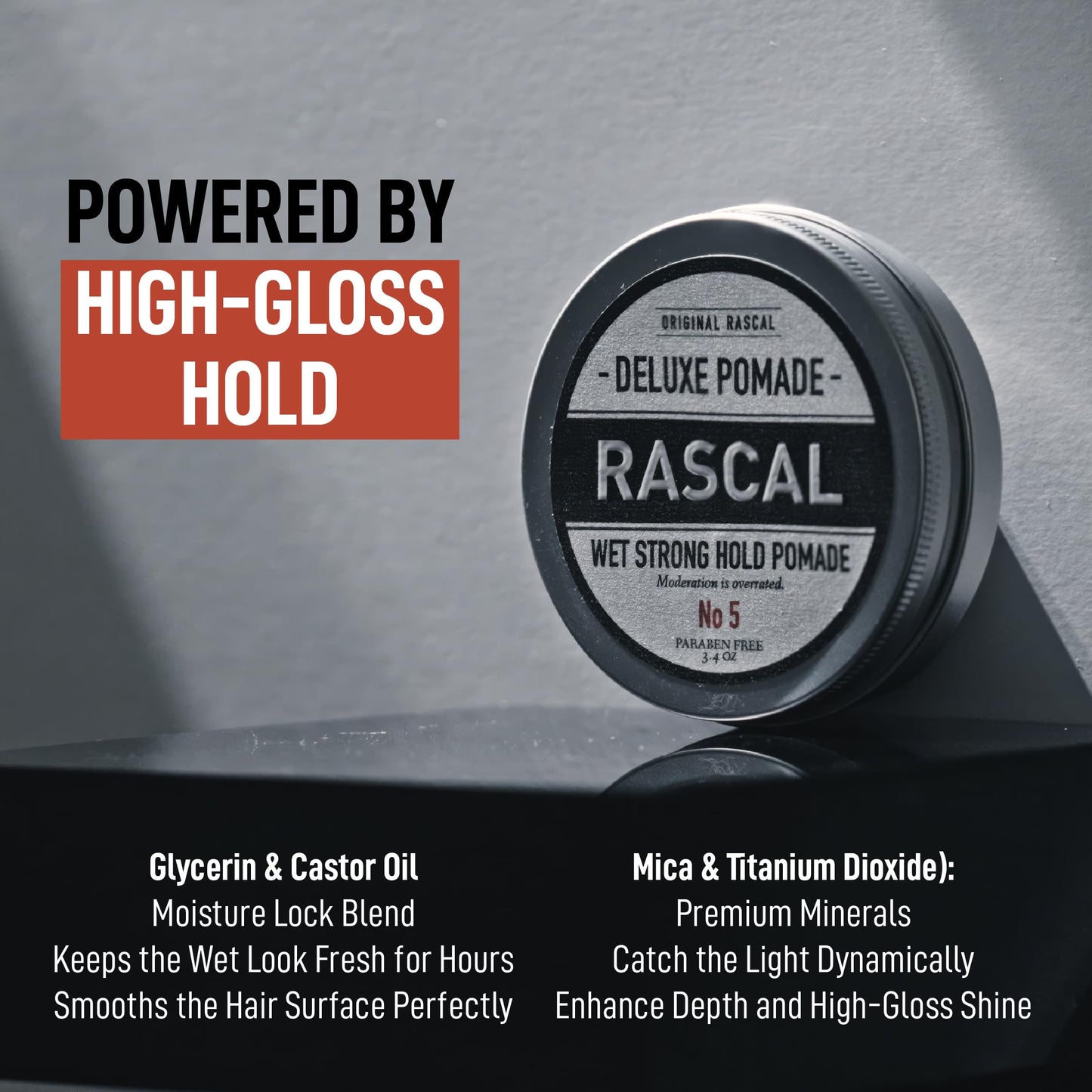 Original Rascal Deluxe Pomade #5 - Hair Paste High Shine w/Strong Hold & Wet Look - Men's Styling Care Solution for All Hair Type - Natural Made