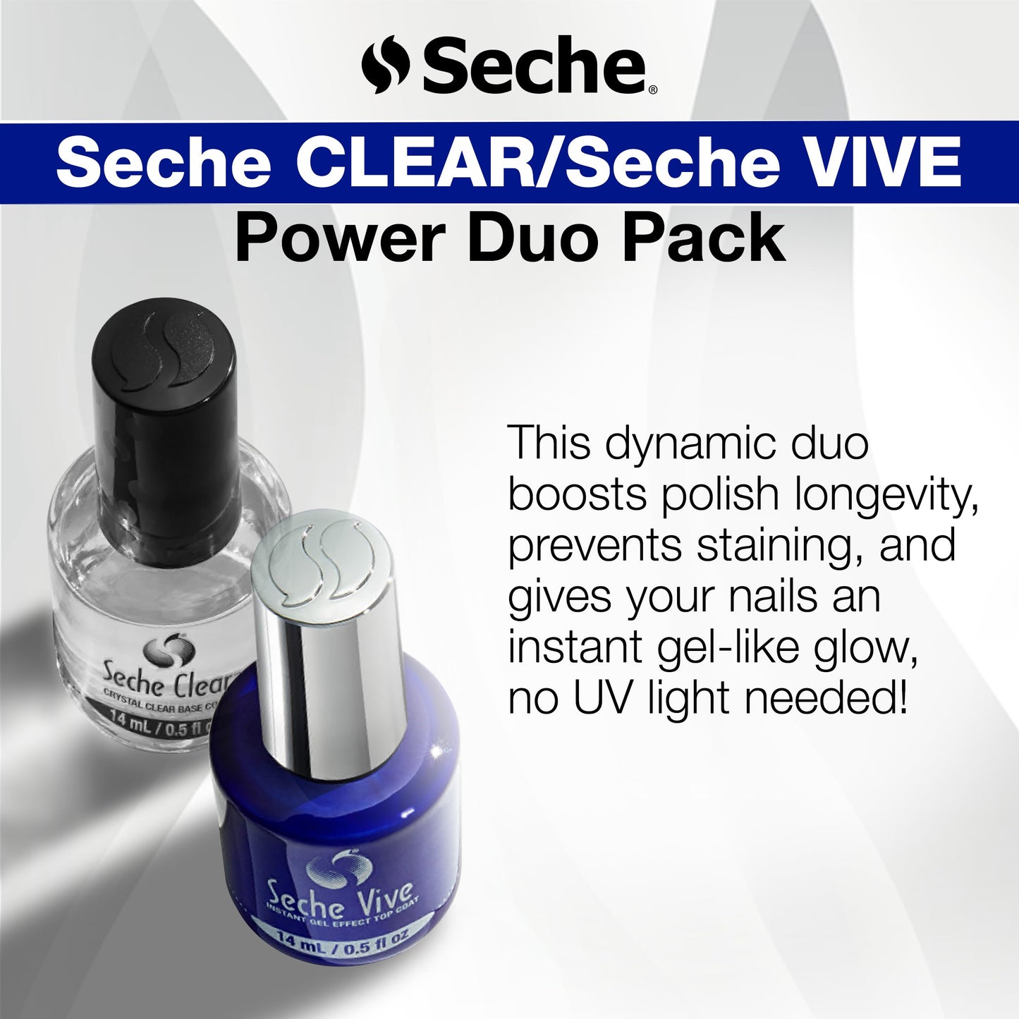 Seche Clear/Vive Base Coat and Gel Top Coat Duo Pack - Nail Strengthening & Long-Lasting High Shine, Top Coat Gel Nail Polish, Manicure Set, 14 mL