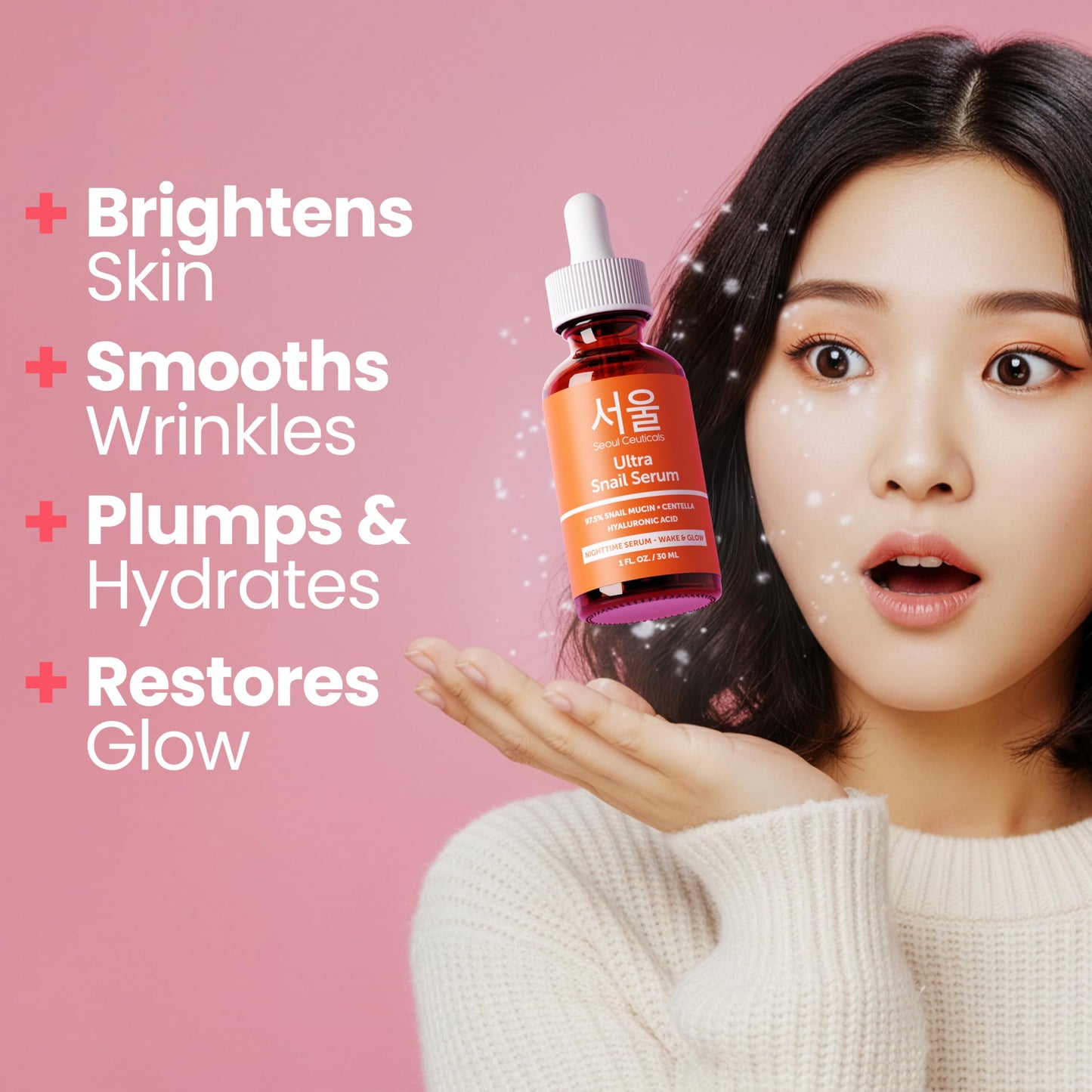 SeoulCeuticals Korean Skin Care 97.5% Snail Mucin Serum - K Beauty Skincare Anti Wrinkle Cica Night Serum Hyaluronic Acid for Face 1oz