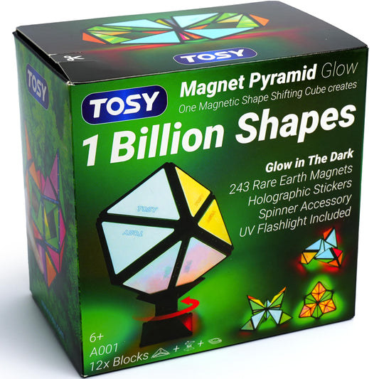 TOSY Magnet Pyramid Glow – 12pc Cube with 243 Rare Earth Magnets, Transforms into 1B+ Shapes, Glowing STEM/STEAM Creative Puzzle Toy
