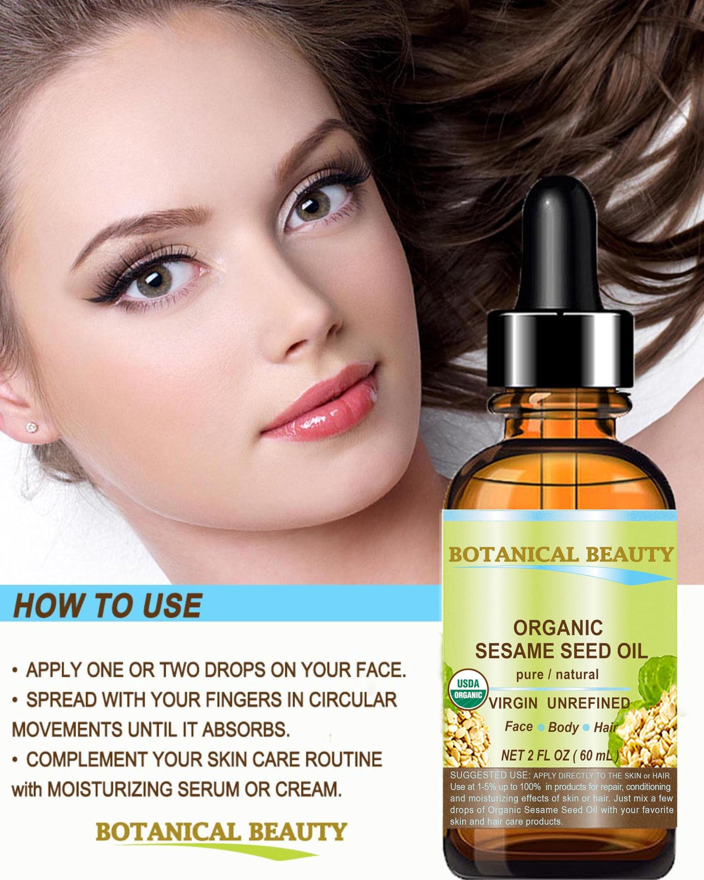 Botanical Beauty Organic SESAME SEED OIL 100% Pure Natural Virgin Unrefined Undiluted Cold Pressed Carrier Oil for Face, Skin, Body, Hair, Massage