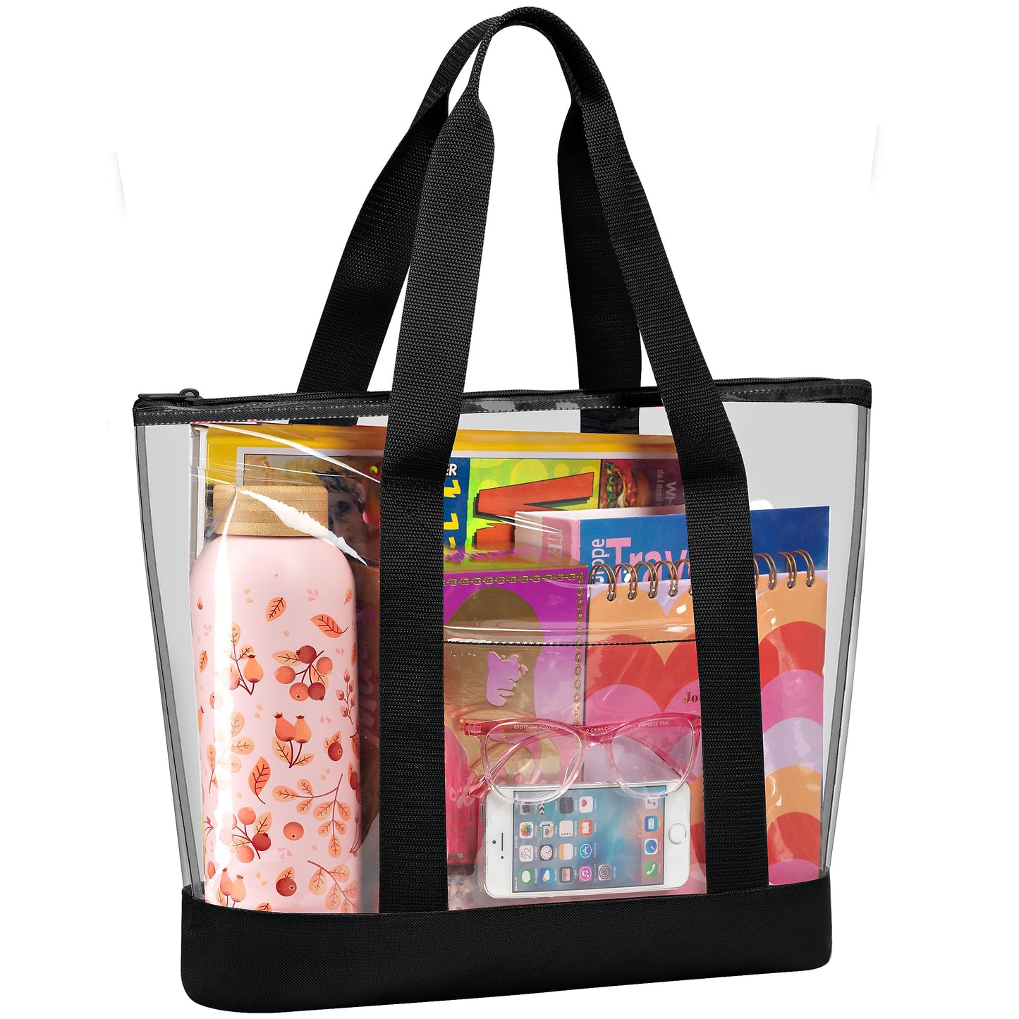 Handy Laundry Clear Tote Bag - Zipper Closure, Long Shoulder Strap, Fabric Trimming. (Black)